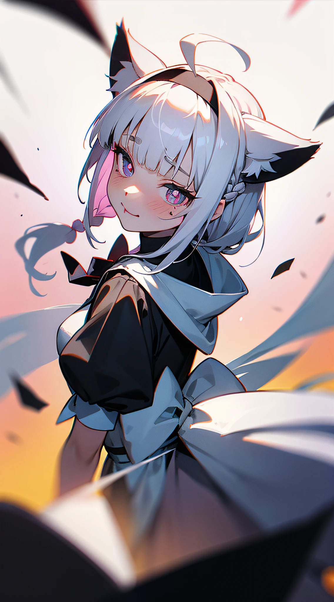 Black hair, hair bobbles, wince, long eyelasher, solid circle eyes, Fake animal ears, Light smile, Ear blush, Fang, White hair, Silver hair, Striped hair, Colored inner hair, Gradient hair, ahoge, Braid, Blunt bangs, french braid, Long hair, hair over shoulders, hime-cut, heart ahoge, Hood, shairband, maid headdress, ribbon, white hair ribbon, Moles under eyes, Heart-shaped pupils, Colored Contact Lenses, Fox ears, Cat ears, Animal ears, Fake animal ears, Shy, Blush, Tongue stock, verbal invitation, surrealism, shadowing, anaglyph, stereograms, tachi-e, angle of view, Atmospheric perspective, Verism, Interior architecture, Chiaroscuro, Cinematic lighting, color difference, shadowing, chromatic aberration abuse, back lit lighting, stereograms, tachi-e, Bokeh, 8K, Super detail, ccurate, Best quality, Textured skin, Anatomically correct, hyper HD, Masterpiece, ccurate, High details, A high resolution, 1080p，lewd nun，Beth，Exposed flesh