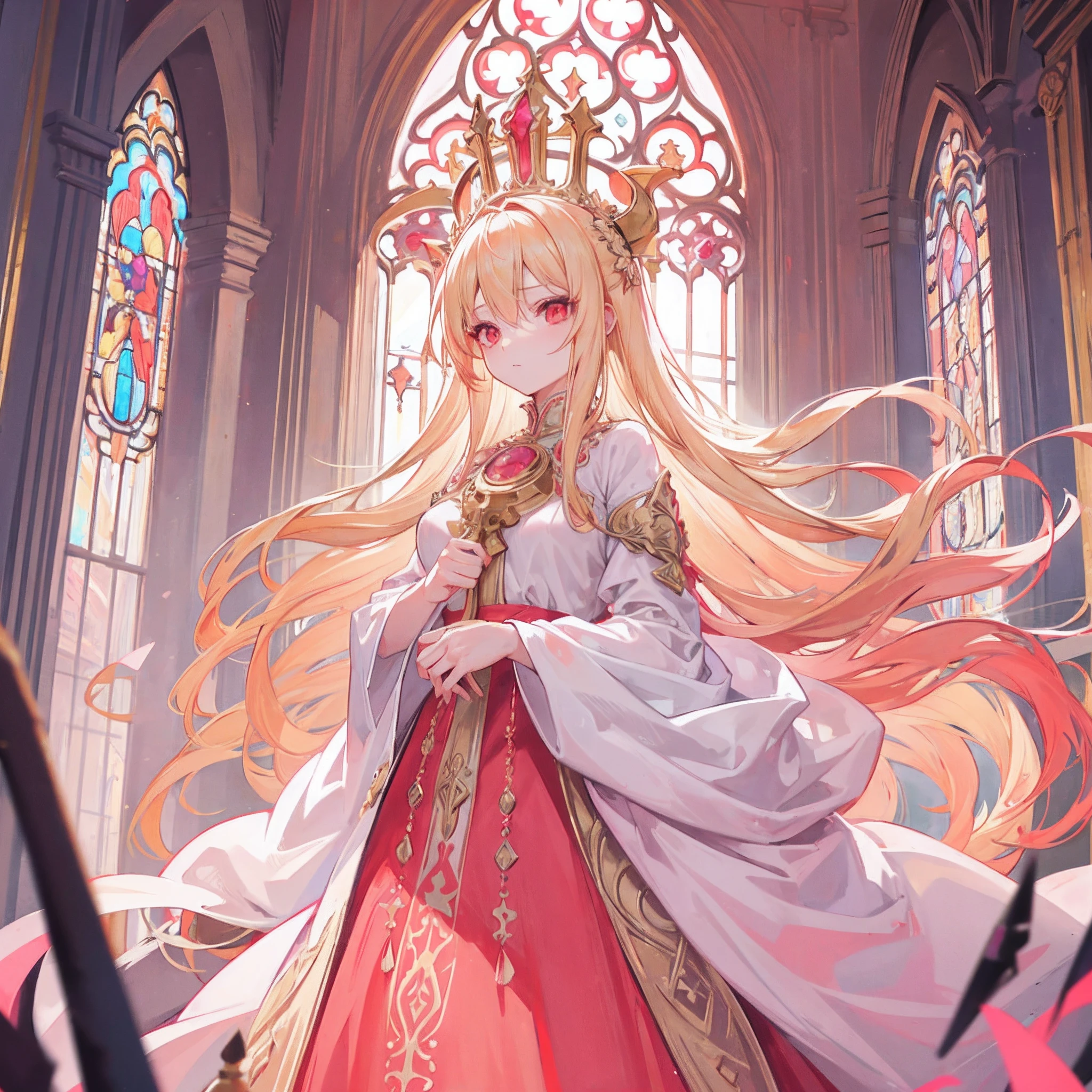 1girl,long blonde hair,pink,red eyes,wearing a long white noble dress,a ornate crown,in a sun motif cathedral,(masterpiece),best quality,high detail