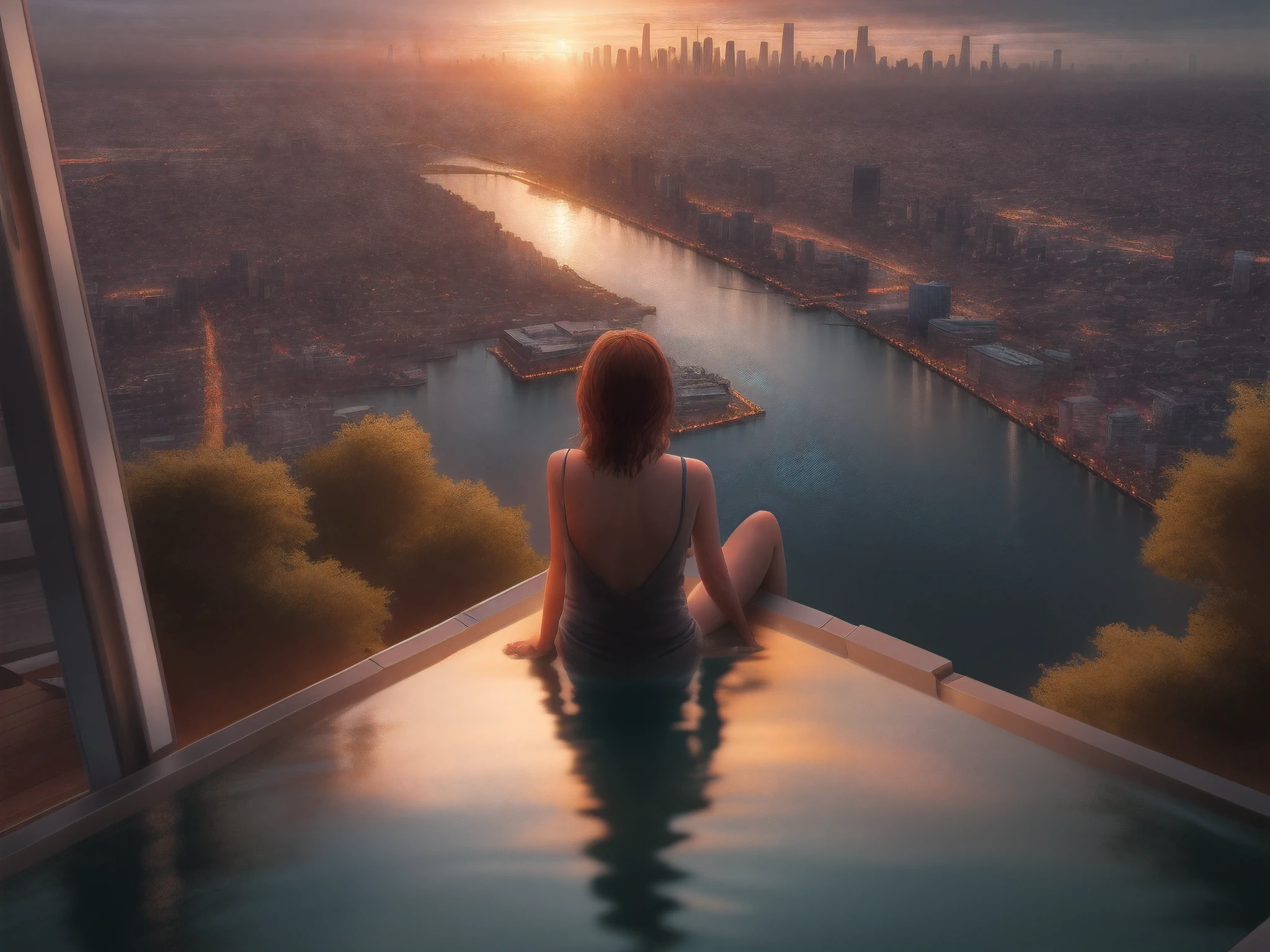 a picture of a woman sitting in an infinity pool on top of roof in a modern city, watching sunset over the city, ultra realistic, high details, best quality, 16k, [ultra detailed], masterpiece, best quality, (extremely detailed), ultra wide shot, photorealism