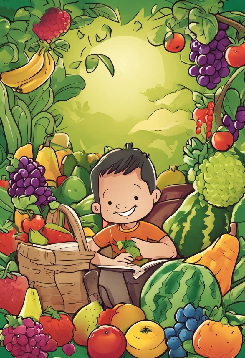 estilo infantil, livro infantil, vegetais e frutas animados,  em uma horta, bonita, alegre, divertida