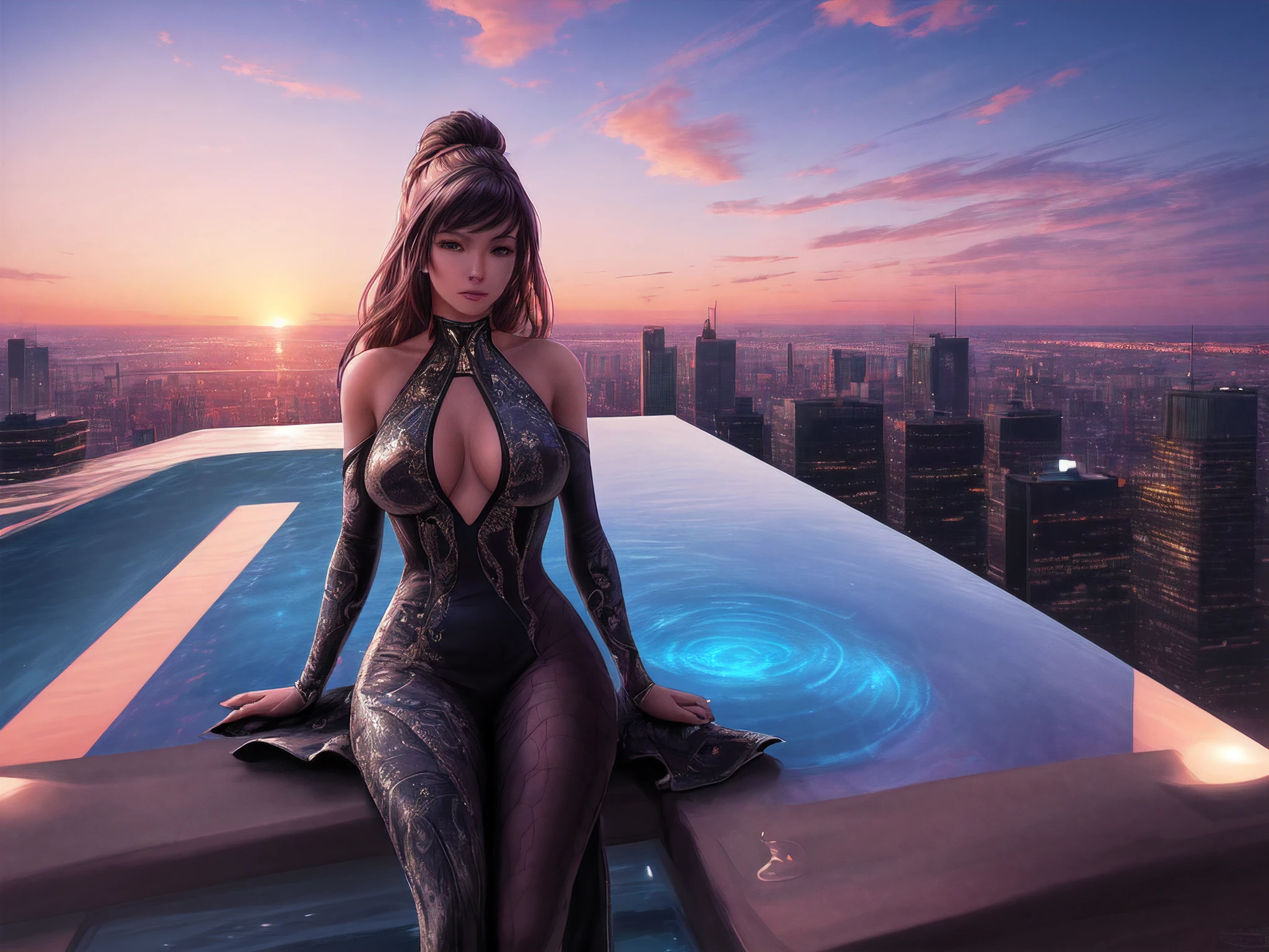 a picture of a woman sitting in an infinity pool on top of roof in a modern city, watching sunset over the city, ultra realistic, high details, best quality, 16k, [ultra detailed], masterpiece, best quality, (extremely detailed), ultra wide shot, photorealism