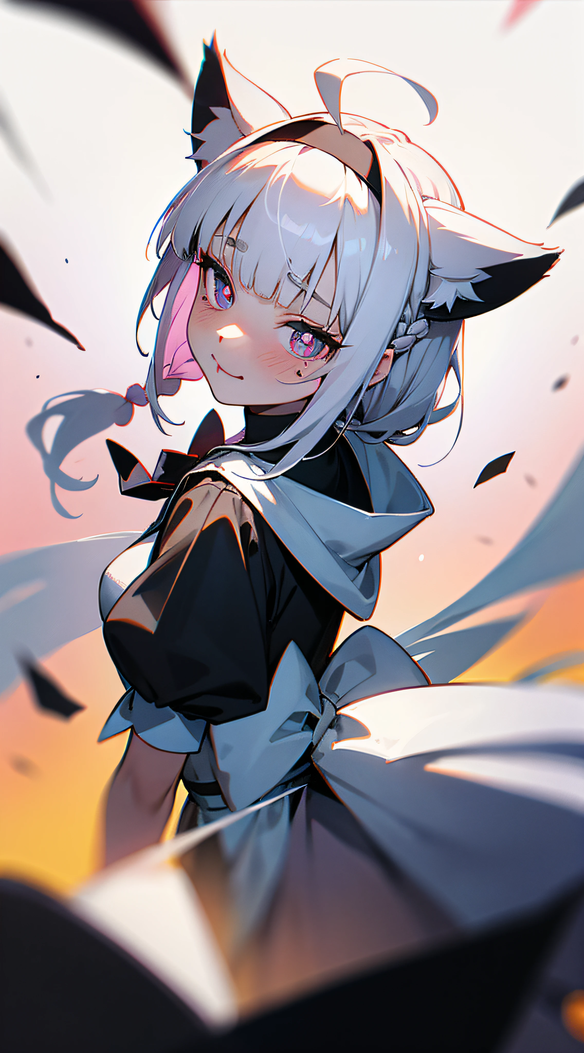 Black hair, hair bobbles, wince, long eyelasher, solid circle eyes, Fake animal ears, Light smile, Ear blush, Fang, White hair, Silver hair, Striped hair, Colored inner hair, Gradient hair, ahoge, Braid, Blunt bangs, french braid, Long hair, hair over shoulders, hime-cut, heart ahoge, Hood, shairband, maid headdress, ribbon, white hair ribbon, Moles under eyes, Heart-shaped pupils, Colored Contact Lenses, Fox ears, Cat ears, Animal ears, Fake animal ears, Shy, Blush, Tongue stock, verbal invitation, surrealism, shadowing, anaglyph, stereograms, tachi-e, angle of view, Atmospheric perspective, Verism, Interior architecture, Chiaroscuro, Cinematic lighting, color difference, shadowing, chromatic aberration abuse, back lit lighting, stereograms, tachi-e, Bokeh, 8K, Super detail, ccurate, Best quality, Textured skin, Anatomically correct, hyper HD, Masterpiece, ccurate, High details, A high resolution, 1080p,lewd nun,Beth,Exposed flesh