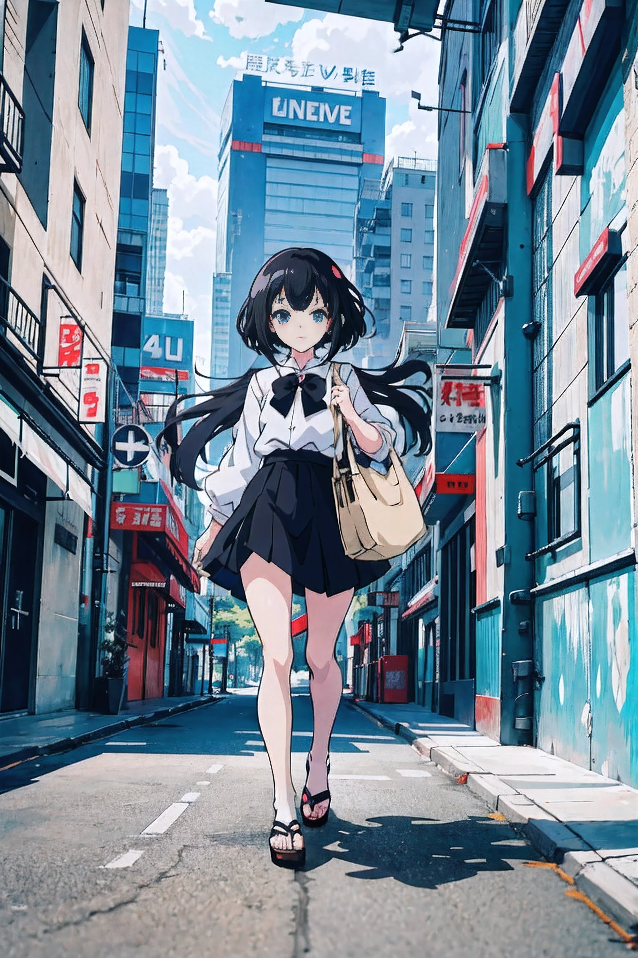 Anime girl walking down the street in white shirt and black skirt, style of anime4 K, Anime style. 8K, Anime style illustration, Digital anime illustration, anime styled digital art, Anime art wallpaper 8 K, Anime art style, Anime art wallpaper 4k, Anime art wallpaper 4 K, Anime art style, High quality anime art style, Anime style artwork