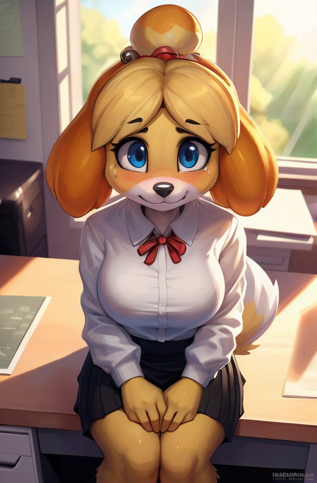 [isaCrossing], [Isabelle; Animal Crossing], [Uploaded to e621.net; (Pixelsketcher), (wamudraws)], ((masterpiece)), ((solo portrait)), ((bird's-eye view)), ((feet visible)), ((furry; anthro)), ((detailed fur)), ((detailed shading)), ((beautiful render art)), {anthro; (yellow fur, black nose), cute blue eyes, cute smile, (nervous expression), (blushing), (sweat on forehead), blonde hair, (bells in hair), topknot, fluffy tail}, {(office woman), (red ribbon), (orange sweater), (white shirt), small boobs, short blue bodycon skirt}, {(sitting behind office desk)}, [background; (office), (window), (sun rays)]