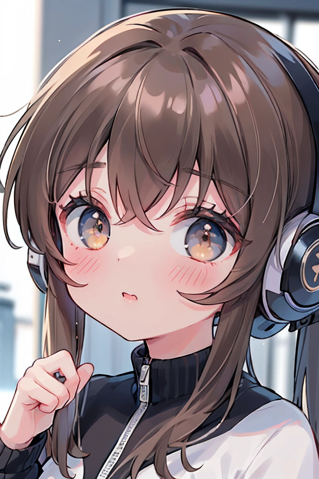 ((masterpiece)), ((best quality)), (ultra-detailed), ((kawaii)), cute, (lovely), upper body, focus on the face0, a cute girl, 1girl, solo, tracksuit, beautiful light brown hair, beautiful brown eyes, ((beautiful eyes)), headphone0