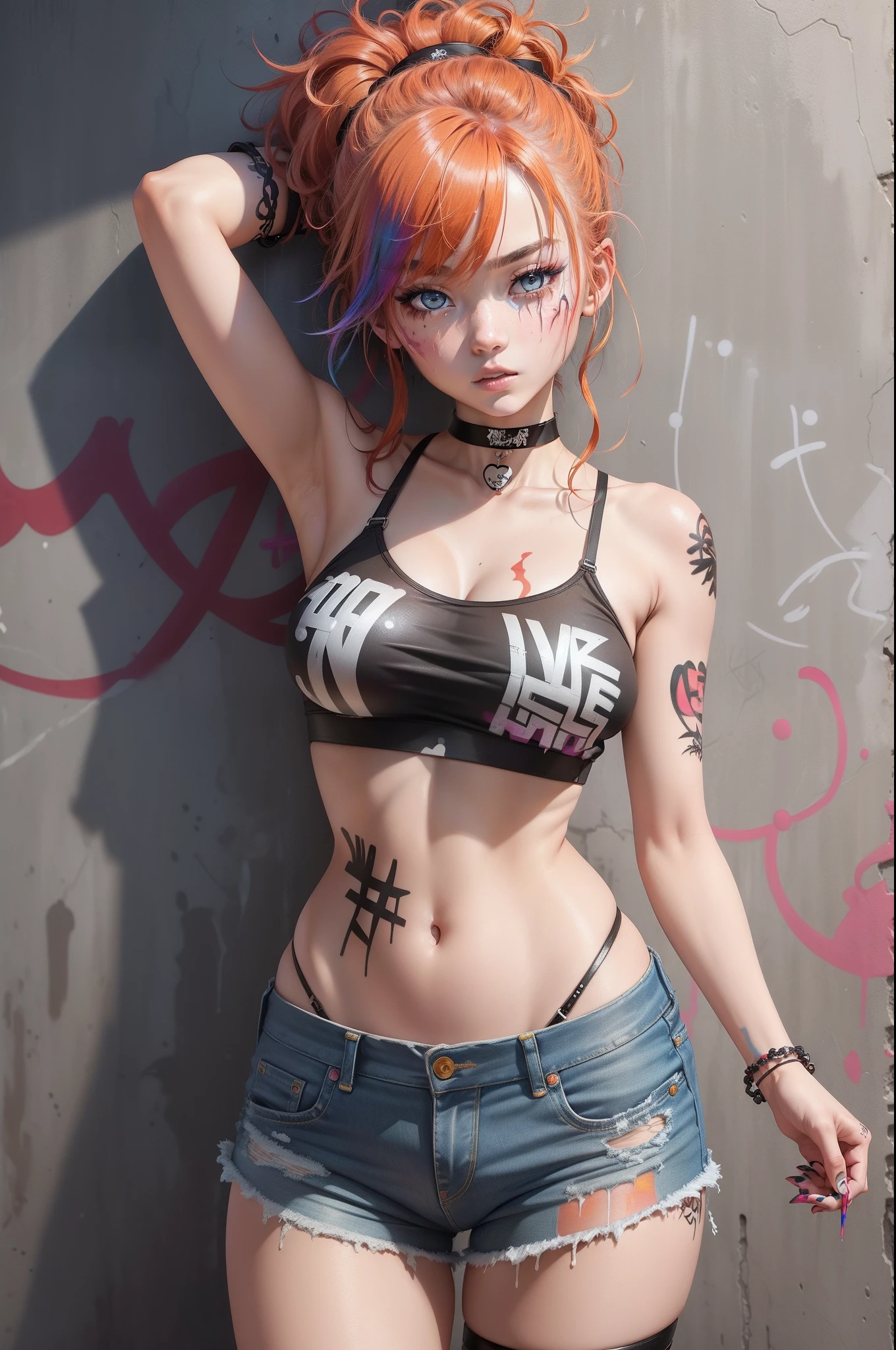 Nishikino maki, Purple eyes, red hair,slightly big breasts, bangs, stylish tank top,neck choker, breast tattoo, (face tattoo:1.2),(crop pants), pants pulled down, standing, against bricks wall, sexy gothic attitude, sexy lips