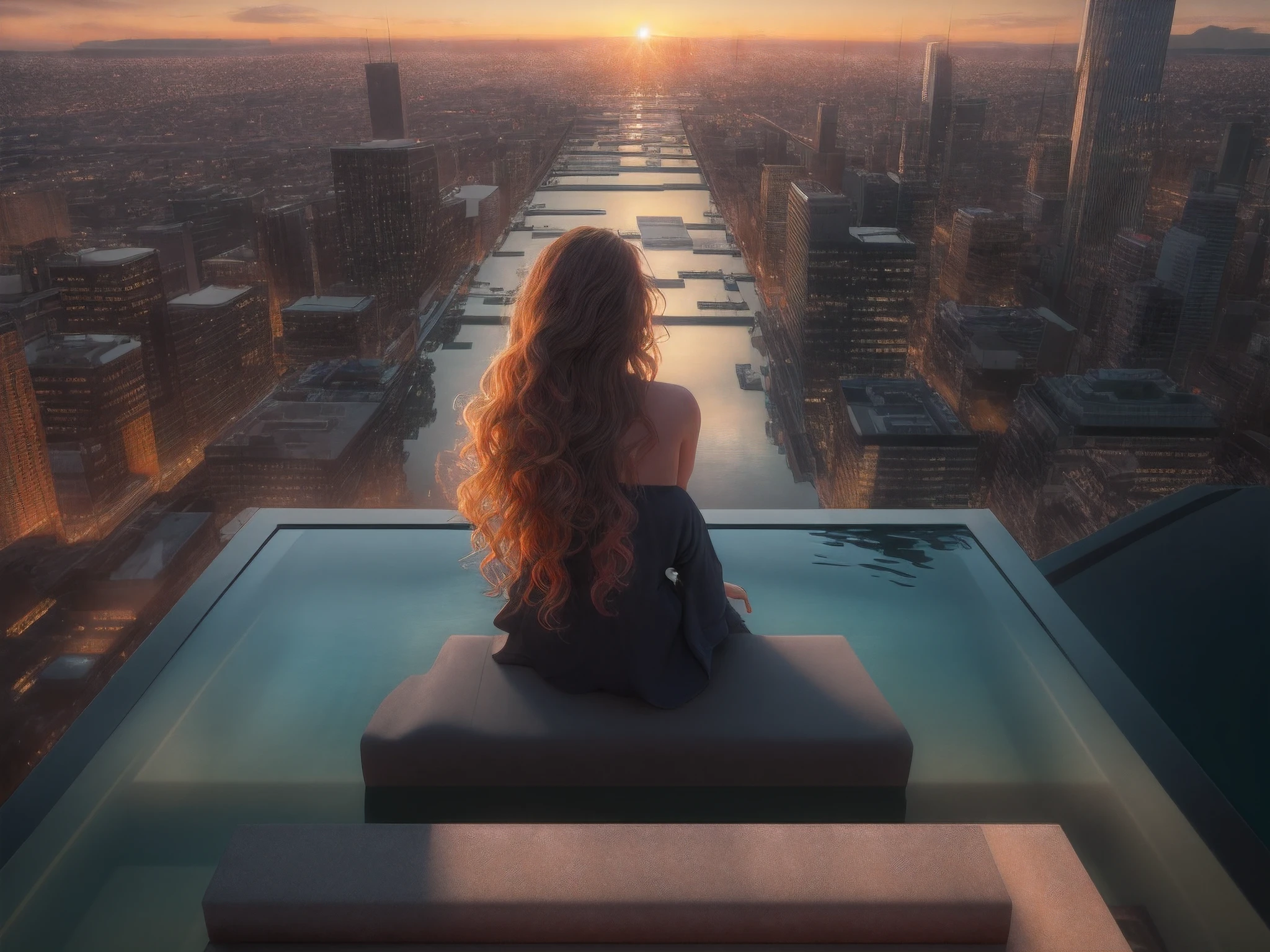 a picture of a woman sitting in an infinity pool on top of roof in a modern city, watching sunset over the city, a view from the rear, long hair, wavy hair, dynamic hair color,  ultra realistic, high details, best quality, 16k, [ultra detailed], masterpiece, best quality, (extremely detailed), ultra wide shot, photorealism, 3D