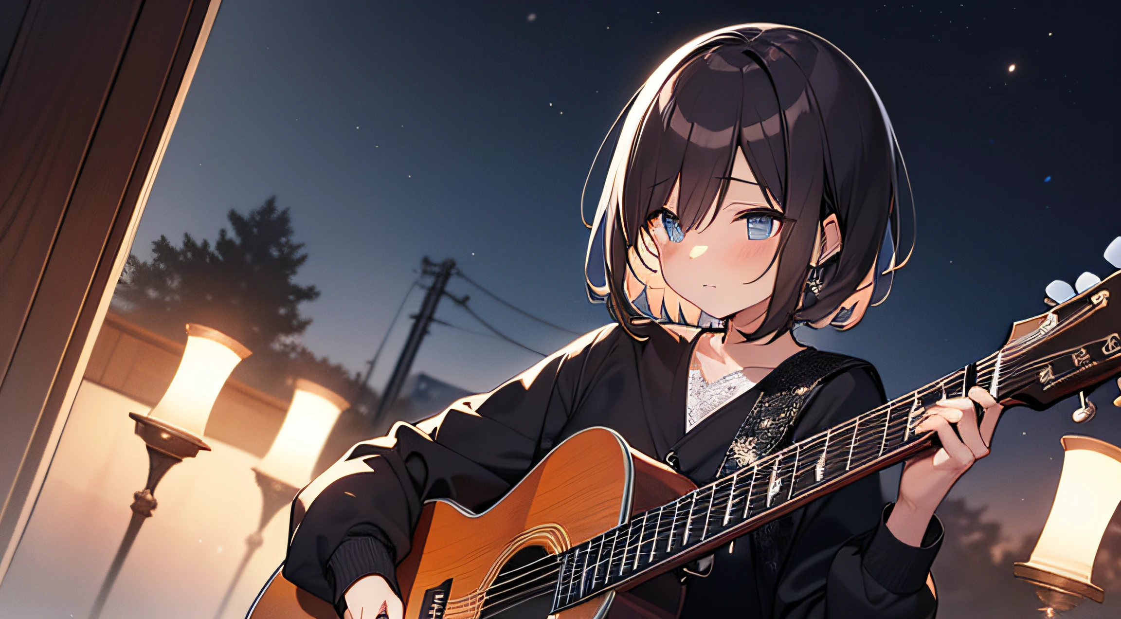 masutepiece, Best Quality,Illustration, Wallpaper, Ultra Detail, absurderes, 1 boy, Solo, (mash、A dark-haired、wax), Beautiful detailed eyes, stele、nighttime scene、nighttime scene、observitory、Playing guitar、acoustic guitar、Far angle