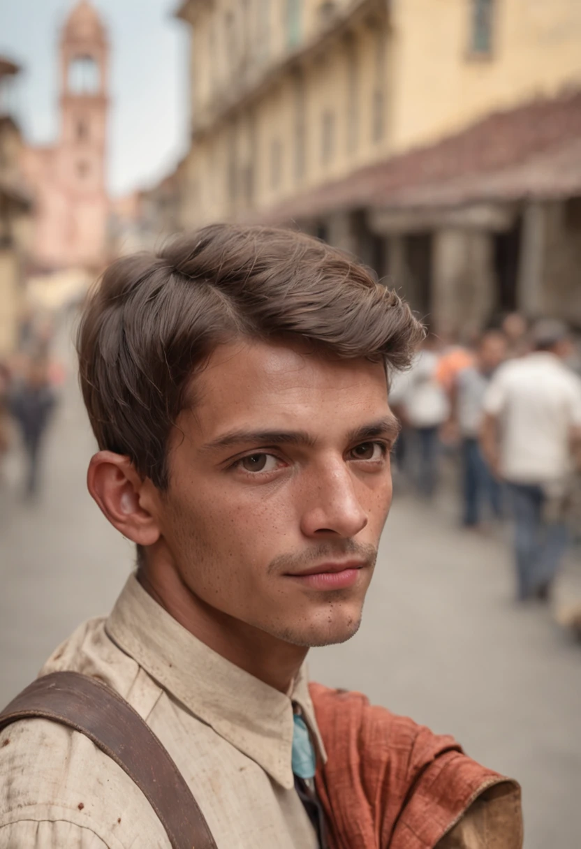 In 1900, a young Italian immigrant man arrives in Brazil, in Porto de Santos, SP, he carries suitcases in his hands, take a color photo with the colors of the time, realistic image, realistic color image, detailed, realistic image 20th century style , realistic details