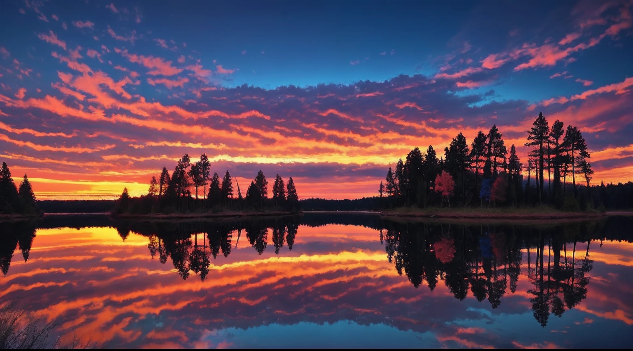 there is a beautiful sunset with a lake and trees in the background, colorful skies, surreal colors, colorful sunset, colorful sky, marvellous reflection of the sky, stunning sky, dream like atmosphere 8k, colorful clouds, colors reflecting on lake, surreal sky, red and blue reflections, fire reflection, beautiful sky, beautiful and spectacular dusk, beautiful dreamy landscape, amazing sky