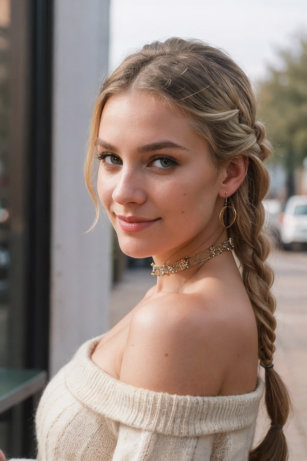 RAW, analog, Nikon Z 85mm, award winning glamour photograph,((best quality)), ((masterpiece)), ((realistic)), 18th century, KarolinaDemy:0.9 piercing eyes, looking straight, very happy, blonde hair, quad braids, wearing an off-shoulder sweater, choker, closeup portrait, in a outdoor cafe in 2015, afternoon light,