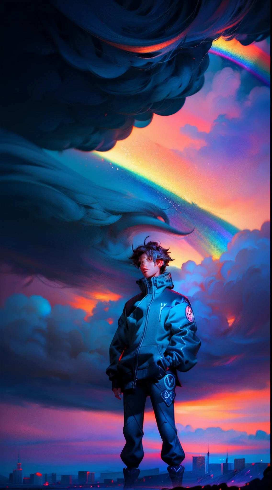 ((Rainbow Daytime Sky))、Anime girl looking at big city landscape,Near Future City、 makoto shinkai cyril rolando, anime art wallpaper 4k, anime art wallpaper 4k, Anime art wallpaper 8k, inspired by Cyril Rolando, in the style dan mumford artwork, amazing wallpapers, by Yuumei