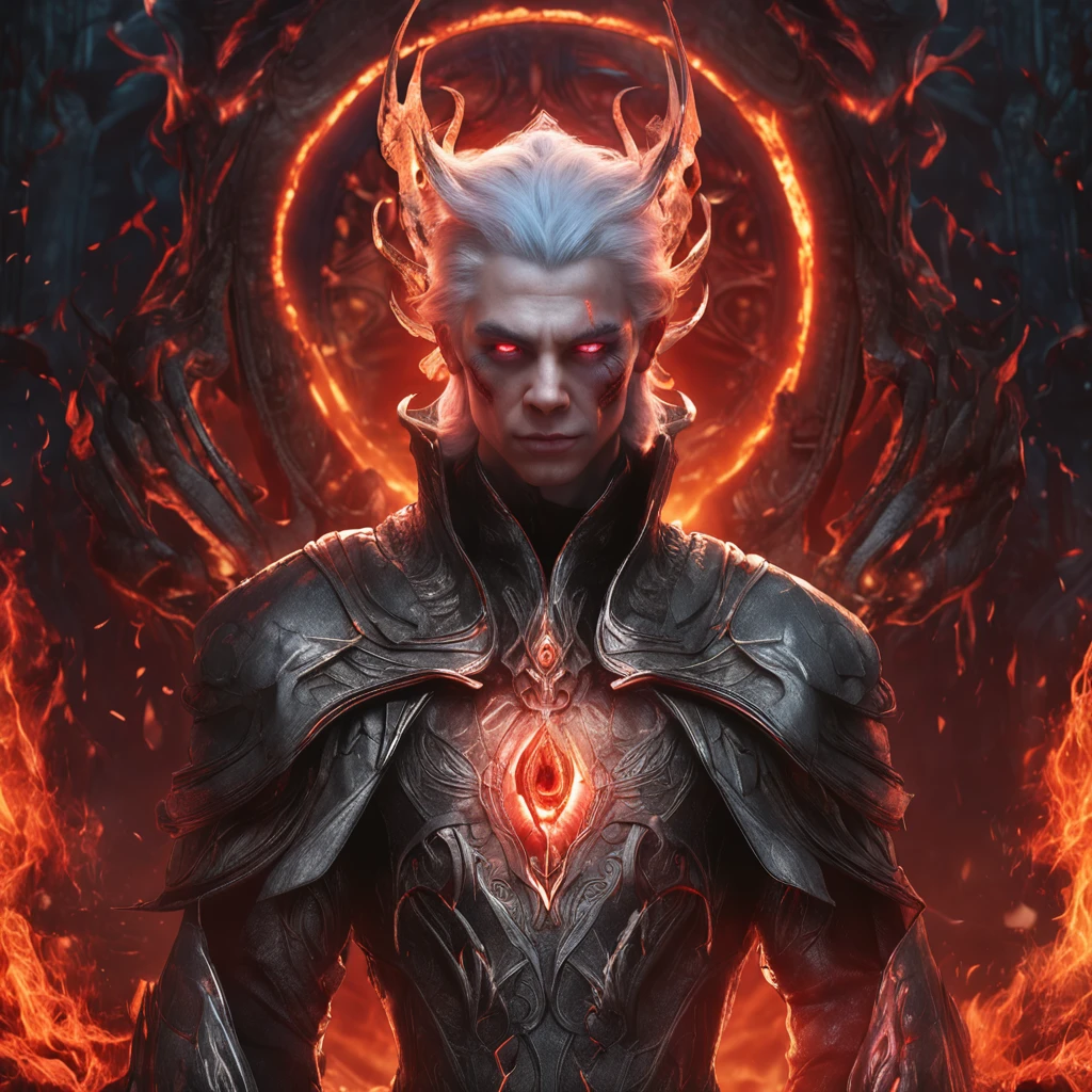 (Many award-winning masterpieces with incredible details, textures and maximum details), (Hyper-realistic: 1.4), (Realistic: 1.3), (Highest quality real textured skin), Fantasy theme, black clothes, black cloak, Cyber elements, red light, blue light, finely detailed face, ((Medieval World)), (Full Body Portrait: 1.6), ((Lord's Flame Demon)), (((Lord's Hellfire Demon))) , (bright cold eyes), (full body standing picture: 1.6), (with a naughty smile on the face), (eyes that glow red in the dark: 1.5), (a pair of red eyes with a strong red light emitting from inside) :1.5), (full body standing image: 1.5), (fire and flames swirling in the background), (dramatic light), wings, (majestic sight), (her face is gentle and beautiful, but somehow scary), ears Glass earrings on, (dramatic photo: 1.4), (full body portrait: 1.5), ((dramatic pose)), (blond hair), (silver hair), (chestnut hair), short hair, ((looking up)) , ((Look down)), (A simple necklace of exquisite workmanship hangs around the neck), (Bioluminescence that exudes brilliant light: 1.3), (Use gorgeous fire magic: 1.2), (Spinning flames), Devil's Basilica, Great Shrine of Devil, Great Temple, Great Cathedral, Temple Ruins, Freestanding Temple, (Glowing Magic Circle), Ancient Castle Ruins, Shining Majestic Clouds and Sky, Lightning, Epic Reality, Fading, Art, (Greg Rutkowski: 0.8), (Teal and Orange: 0.4), (ArtStation: 1.5), Cinematic, ((Neutral Colors)), (hdr: 1.5), (Pastel Colors: 1.2), Ultra Detailed, Dramatic light, (complex detail: 1.1), complex background,