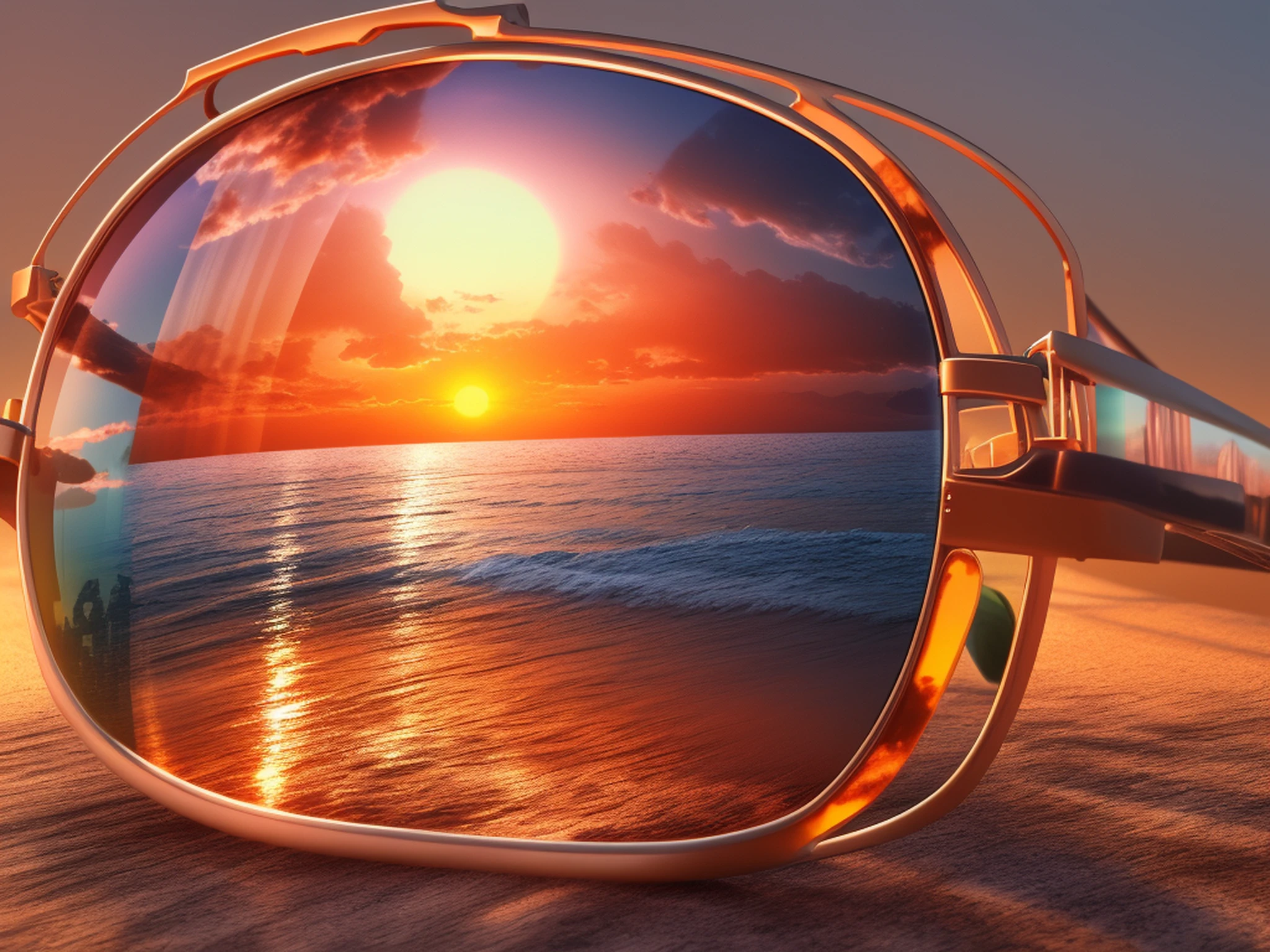 a picture of sunset being reflected from sunglasses, , high details, best quality, 16k, [ultra detailed], masterpiece, best quality, (extremely detailed), ultra wide shot, photorealism, 3D