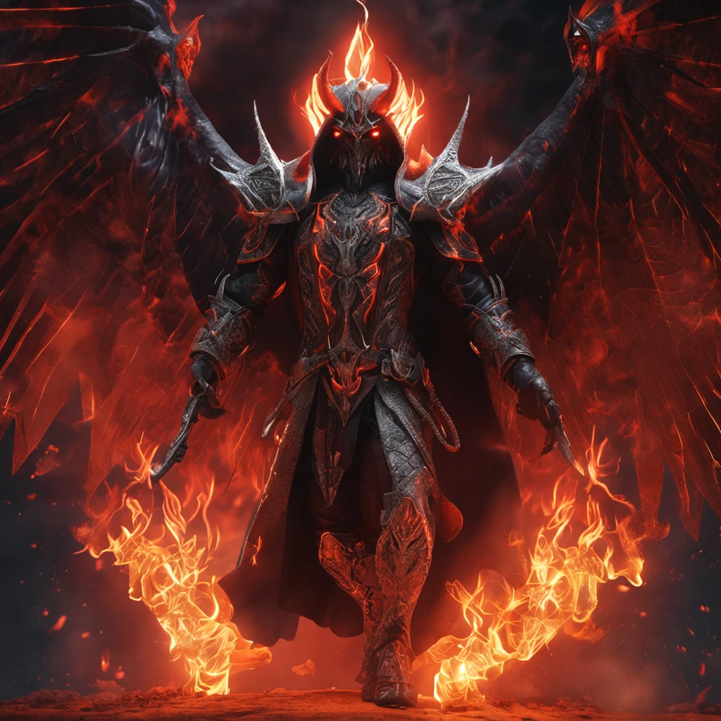 (Many award-winning masterpieces with incredible details, textures and maximum details), (Hyper-realistic: 1.4), (Realistic: 1.3), (Highest quality real textured skin), Fantasy theme, black clothes, black cloak, Cyber elements, red light, blue light, finely detailed face, ((Medieval World)), (Full Body Portrait: 1.6), ((Lord's Flame Demon)), (((Lord's Hellfire Demon))) , (bright cold eyes), (full body standing picture: 1.6), (with a naughty smile on the face), (eyes that glow red in the dark: 1.5), (a pair of red eyes with a strong red light emitting from inside) :1.5), (full body standing image: 1.5), (fire and flames swirling in the background), (dramatic light), wings, (majestic sight), (her face is gentle and beautiful, but somehow scary), ears Glass earrings on, (dramatic photo: 1.4), (full body portrait: 1.5), ((dramatic pose)), (blond hair), (silver hair), (chestnut hair), short hair, ((looking up)) , ((Look down)), (A simple necklace of exquisite workmanship hangs around the neck), (Bioluminescence that exudes brilliant light: 1.3), (Use gorgeous fire magic: 1.2), (Spinning flames), Devil's Basilica, Great Shrine of Devil, Great Temple, Great Cathedral, Temple Ruins, Freestanding Temple, (Glowing Magic Circle), Ancient Castle Ruins, Shining Majestic Clouds and Sky, Lightning, Epic Reality, Fading, Art, (Greg Rutkowski: 0.8), (Teal and Orange: 0.4), (ArtStation: 1.5), Cinematic, ((Neutral Colors)), (hdr: 1.5), (Pastel Colors: 1.2), Ultra Detailed, Dramatic light, (complex detail: 1.1), complex background,