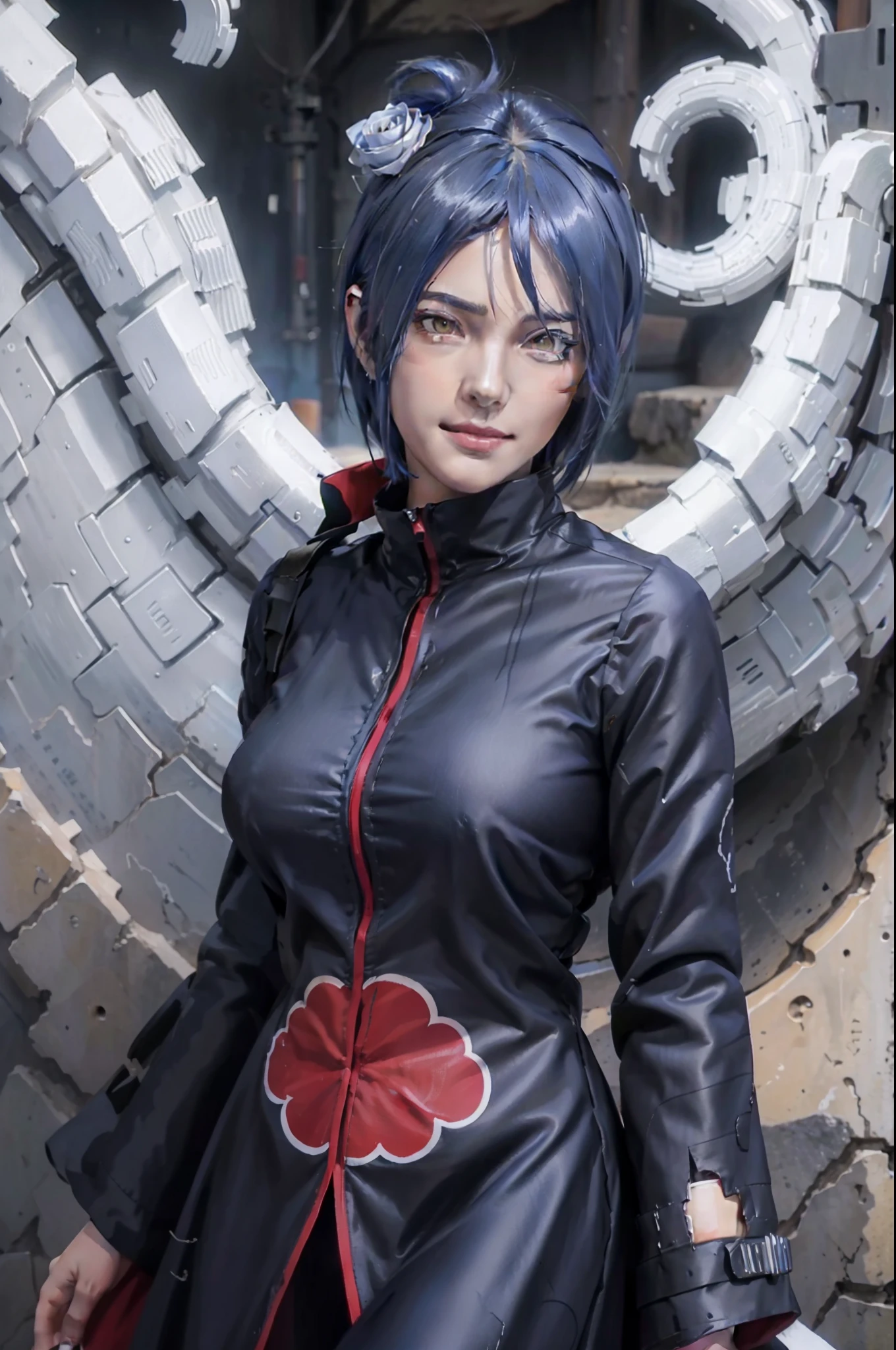 1girl, konan akatsuki in anime naruto, short hair, blue hair, yellow eyes, smile, beautiful, sexy dress, sexy clothes, black and red clothes, very big breast, realistic clothes, detail clothes, outdoor background, ultra detail, realistic