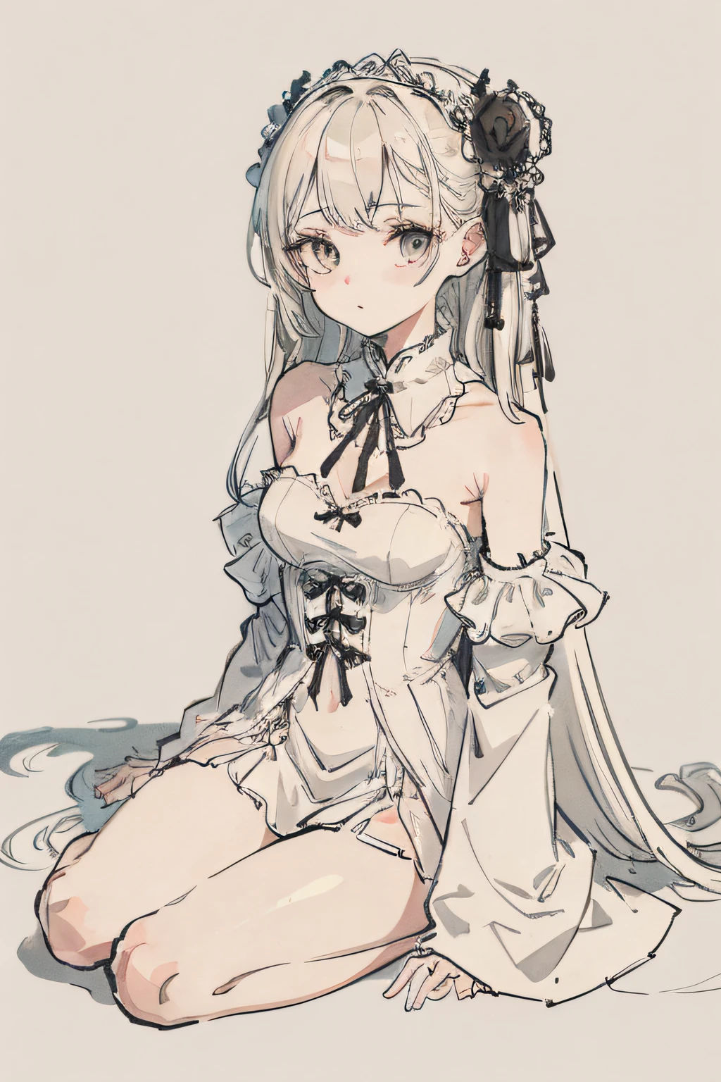 Solo、1girll、doll-joints、full-body portraits、White Gothic costume、无袖、Sitting down、White-colored skin