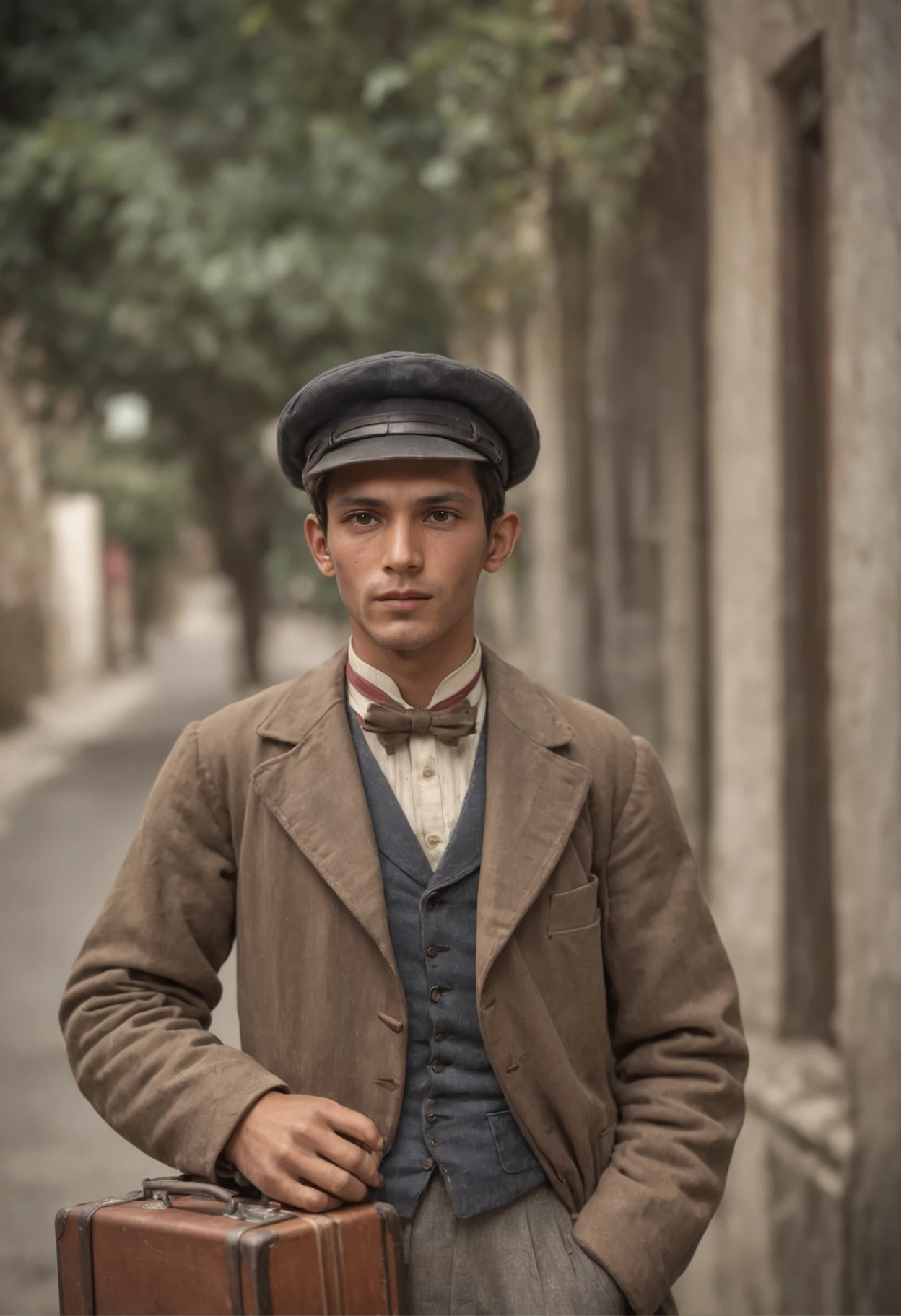 In 1900, a young Italian immigrant man arrives in Brazil, in Porto de Santos, SP, he carries suitcases in his hands, take a color photo with the colors of the time, realistic image, realistic color image, detailed, realistic image 20th century style , realistic details