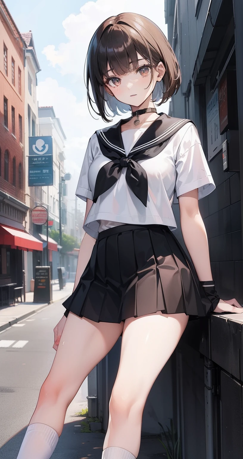 (masterpiece: 1.3),(best quality:1.4),ultra high resolution,(detailed eyes),(detailed facial features),(detailed clothing features),HDR,8k resolution, ground focus, bangs, tight skin, (glowing skin ),(slender girl),dreamlike, (extremely detailed illustration),check comments,ask for comments,scenery,no text, VirtualGirl-Rin, happy, smile, (small breasts), bangs, bob hair, short hair, brown hair, brown eyes, black choker, 1girl, student, high school, white school uniform, sailor suit, dark red pleated skirt, socks, sneakers,