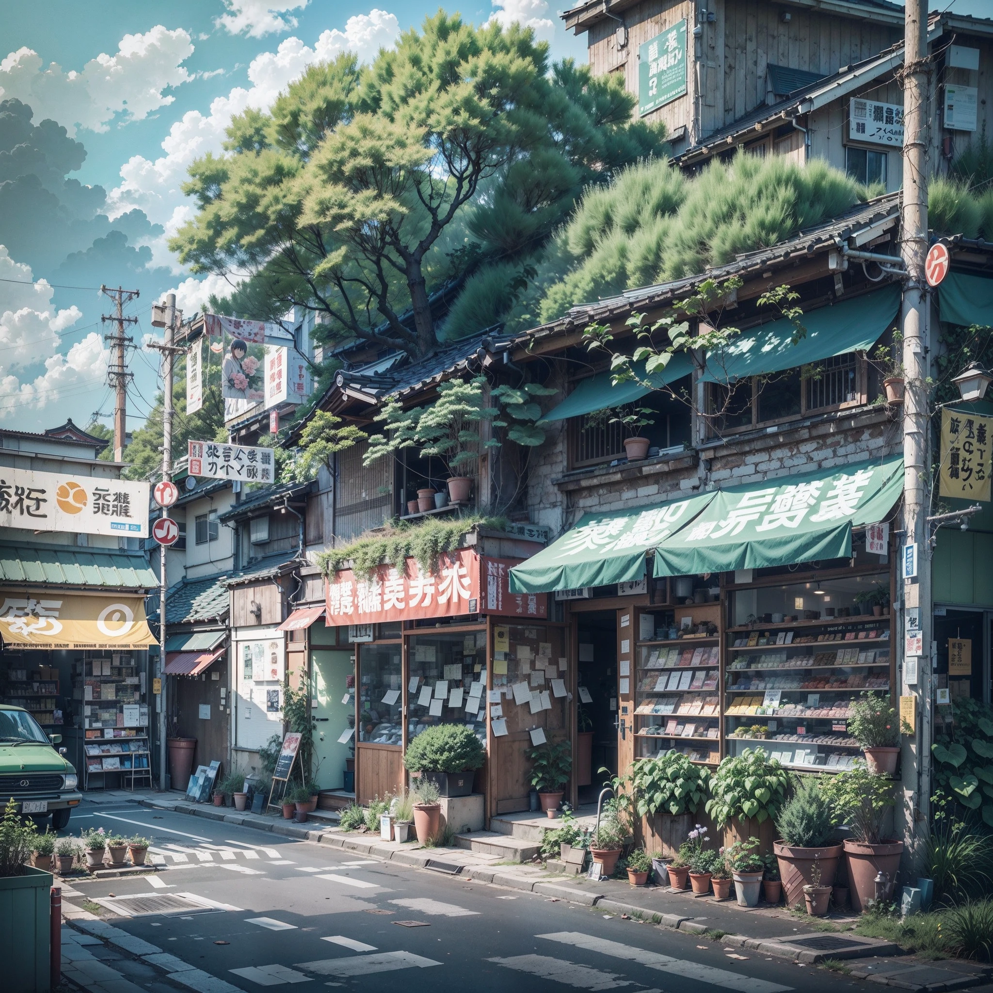 abandoned, slightly overgrown, empty, modern Japanese street. closed shops on either side of the street. trees. plants. plant pots. rocks. air ventilation systems. road works. big Japanese shop signs. retro Japanese shop signs. anime style, anime, lofi style, lofi. gloomy weather, sun emerging from clouds. (no one: 1), no people. best quality