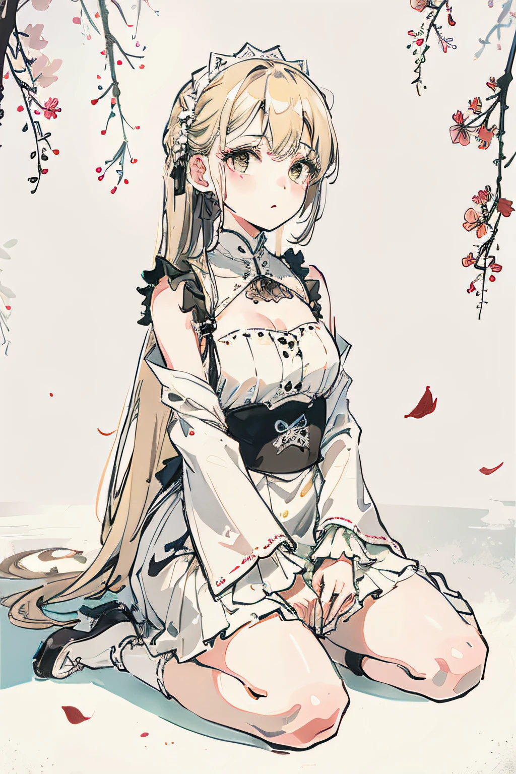 Solo、1girll、doll-joints、full-body portraits、White Gothic costume、无袖、Sitting down、White-colored skin