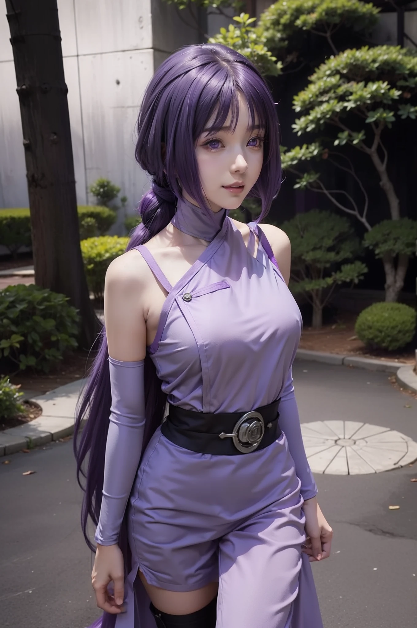 1girl, sumire in anime boruto, long hair, purple hair, purple eyes, smile, beautiful, sexy dress, sexy clothes, purple clothes, very big breast, realistic clothes, detail clothes, outdoor background, ultra detail, realistic