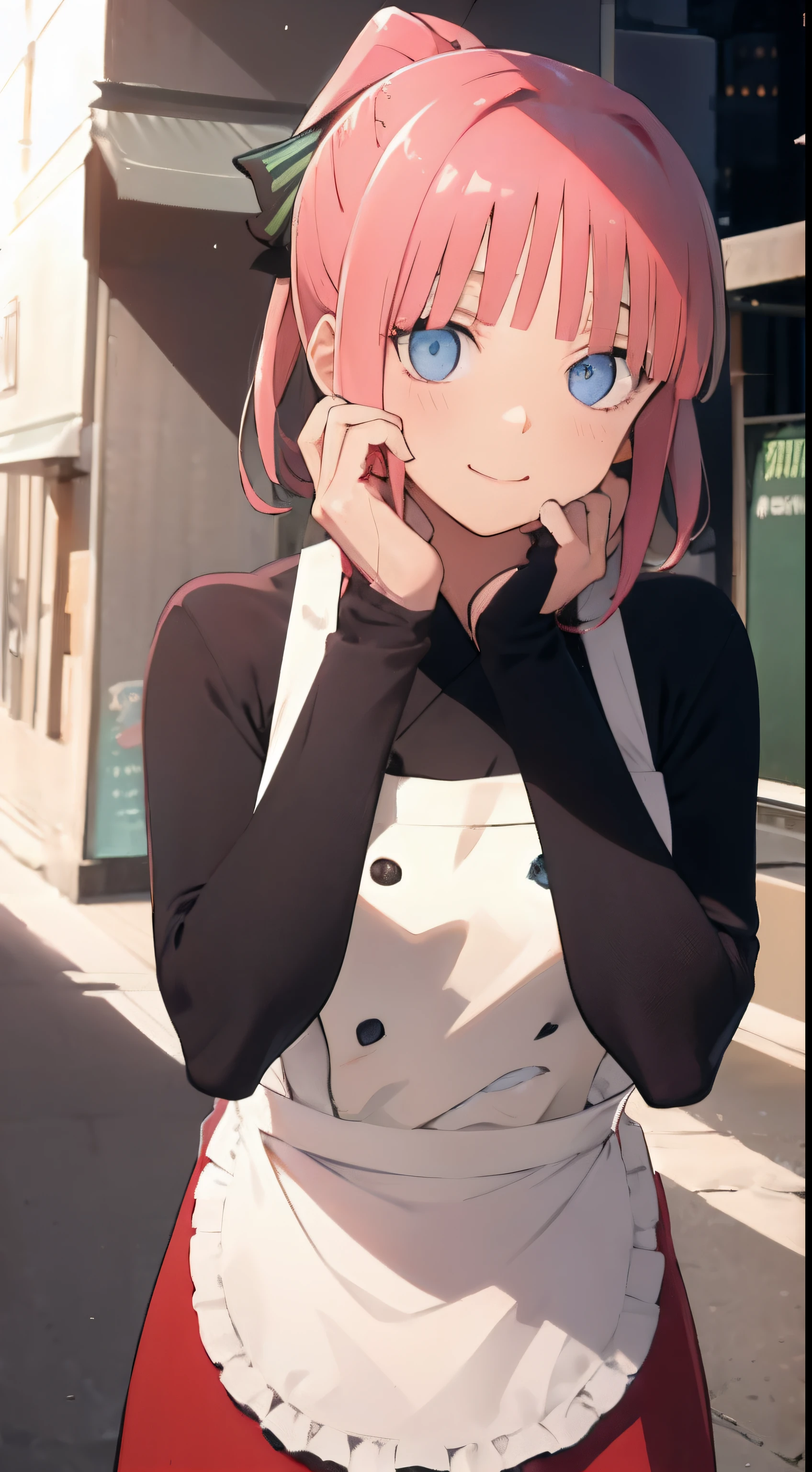ninonakano, nino nakano, Short hair, Bangs, Blue eyes, Pink hair, Blunt bangs, Ponytail,
BREAK white shirt, Apron, Red skirt, chef, red apron,,
BREAK outdoors, city,Cowboy Shots
Watch your audience and take a break, BREAK (masutepiece:1.2), Best Quality, High resolution, Unity 8k壁纸, (Illustration:0.8), (Beautiful detailed eyes:1.6), extra detailed face, Perfect Lighting, extremely details CG, (Perfect hands, Perfect Anatomy),、a smile