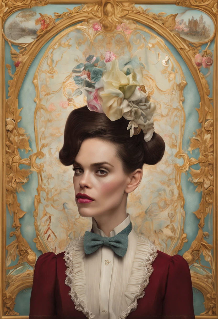 a painting of a woman with a hat and bow tie, by Mark Ryden, attractive androgynous humanoid, natali portman, ryan dyar, regal and proud robust woman, 2 0 1 4. modern attire, beautiful androgynous prince, elaborately costumed, demi moore, in impressionist styles, psychedelic colorization, sasha grey, alena aemani digital art