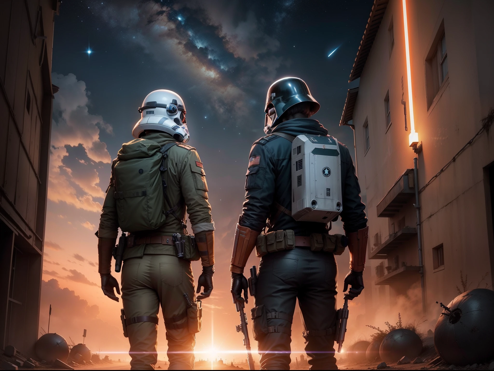8k , realistisch , Star Wars Sturmtruppen die laufen. , sonnenuntergang , beautiful lights , sterne , milchstrasse