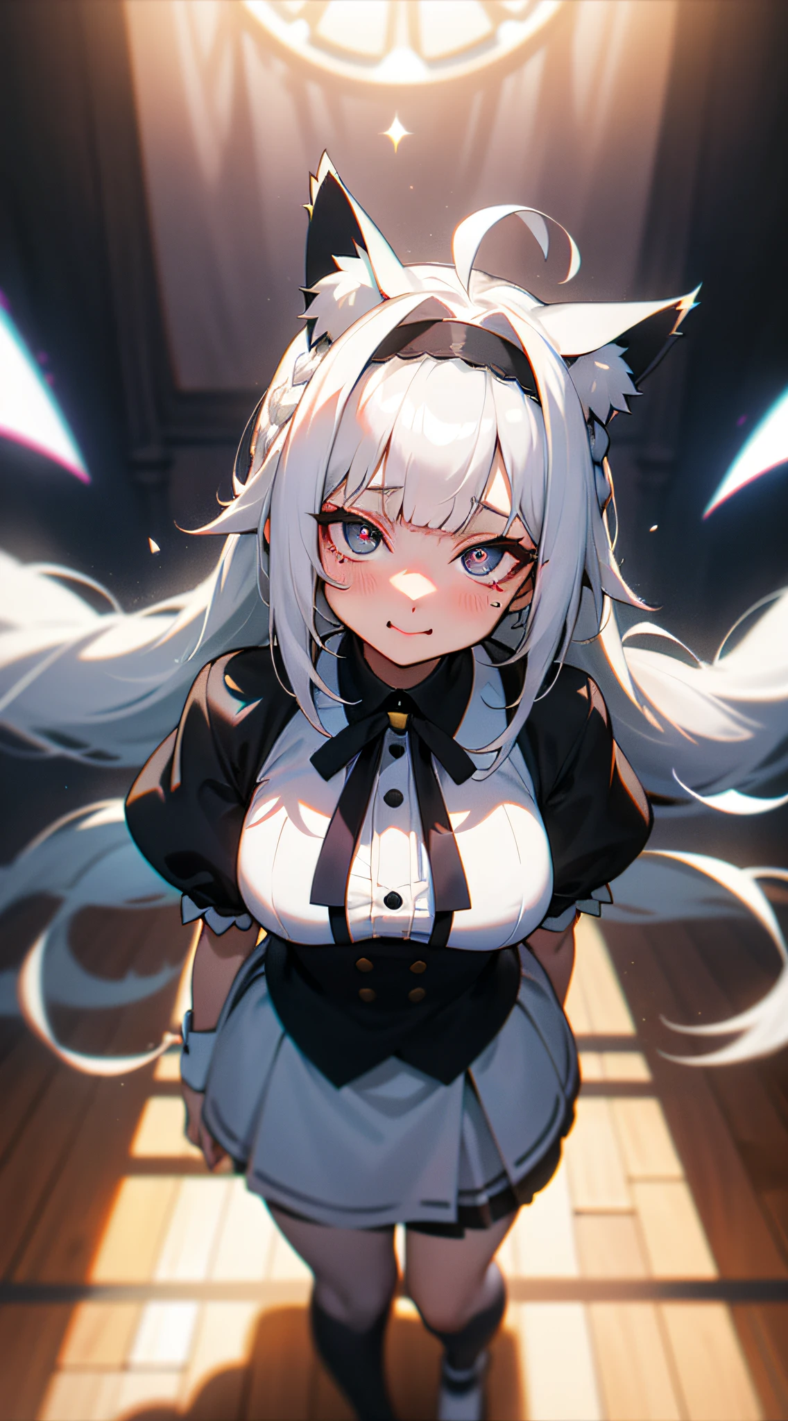 Black hair, hair bobbles, wince, long eyelasher, solid circle eyes, Fake animal ears, Light smile, Ear blush, Fang, White hair, Silver hair, Striped hair, Colored inner hair, Gradient hair, ahoge, Braid, Blunt bangs, french braid, Long hair, hair over shoulders, hime-cut, heart ahoge, Hood, shairband, maid headdress, ribbon, white hair ribbon, Moles under eyes, Heart-shaped pupils, Colored Contact Lenses, Fox ears, Cat ears, Animal ears, Fake animal ears, Shy, Blush, Tongue stock, verbal invitation, surrealism, shadowing, anaglyph, stereograms, tachi-e, angle of view, Atmospheric perspective, Verism, Interior architecture, Chiaroscuro, Cinematic lighting, color difference, shadowing, chromatic aberration abuse, back lit lighting, stereograms, tachi-e, Bokeh, 8K, Super detail, ccurate, Best quality, Textured skin, Anatomically correct, hyper HD, Masterpiece, ccurate, High details, A high resolution, 1080p,lewd nun,Beth,Exposed flesh