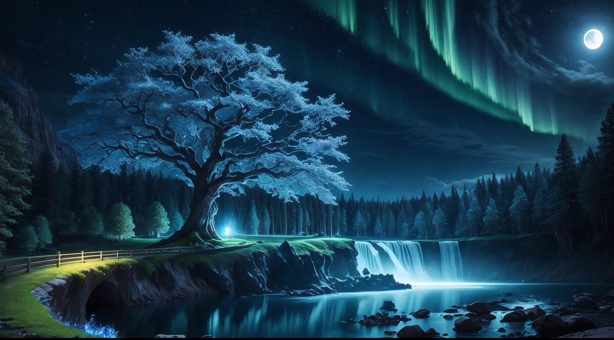 ultra detailed, beautiful and aesthetic, beautiful, masterpiece , mystery , atmospheric , fantastic , supernatural , best quality, dark cloudy night , 1 tree , very huge and very tall ancient fantasy tree , 1 huge blue glowing tree , tree splitting cloudy sky and moonlight beam coming down , flower field , few stone and cliff , shining tree , fantasy glowing bird around it , tree gathering blue glowing magic , blue shining river passes , river emitting blue magic , river make waterfall ,  fantasy aurora , (ultra detailed scene) , (ultra detailed tree) , (ultra detailed moonlight beam) , (ultra detailed glowing river) , (ultra detailed waterfall) , (ultra detailed aurora)
