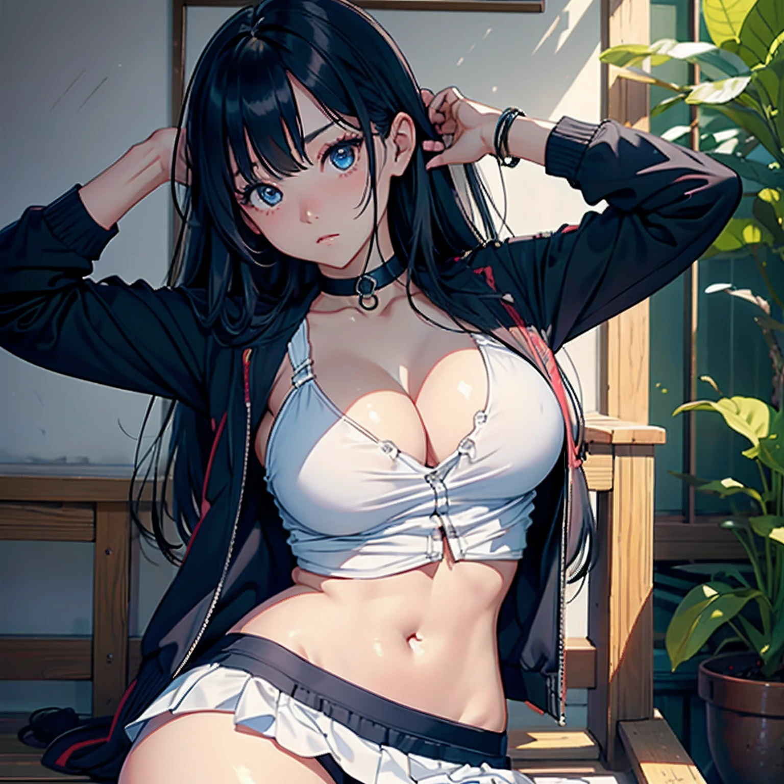 , (Raw foto:1.2), (photorealestic:1.4), beautiful detailed girls, Very detailed eyes and face, Beautiful detailed eyes, Big, Unbelievably ridiculous, huge filesize, Ultra detailded, alta resolução, higly detailed, beste Quality, Onegirl、18yearsold、ponie tail、chokers、anklets、masterspiece, Kemomimi,Beautiful Asian Girl、goddess of Japan、beautiful upper body、Beautiful Asian Woman、tite shirt、Japan person model、cleavage breasts、Skirt length 10CM、Camel Toe,miniskirts ,Expose cute clothes、Spread your arms and legs wide、V opening chest clothes、Sexy girl taking off her jacket、oppai、Flipped skirt、White underwear、Camisole、Navel Ejection、banzai、Show white panties、