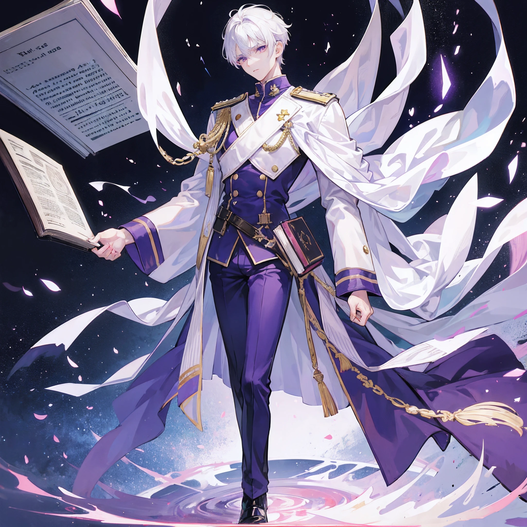 1 boy,tall,lean,muscular,white hair,purple eyes,white military uniform,magical book floating besides him