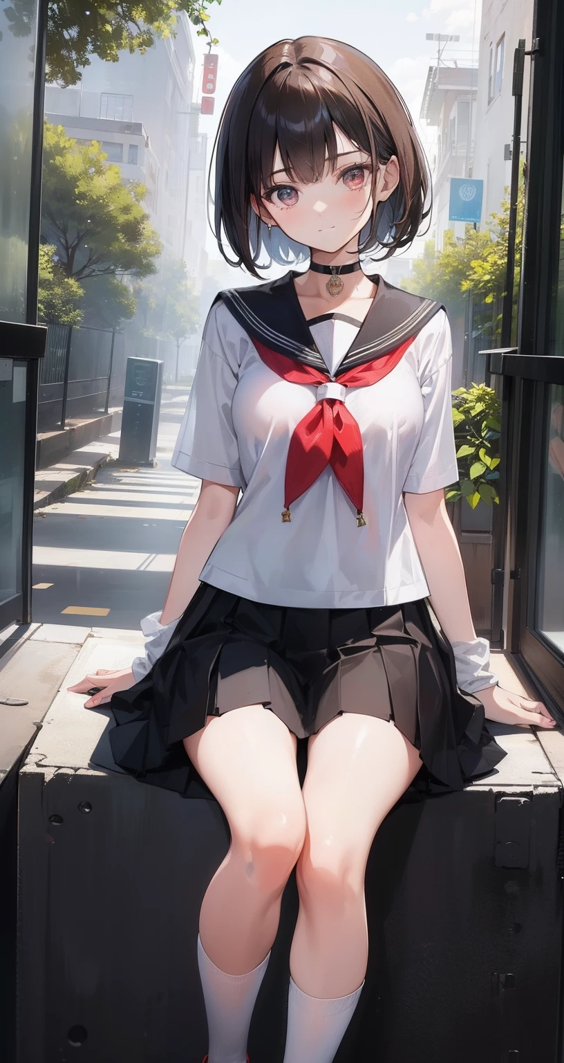 Masterpiece, Best quality, a beauty girl, Medium hair, Black hair, ahoge, Red eyes,black kneehighs, school uniform,