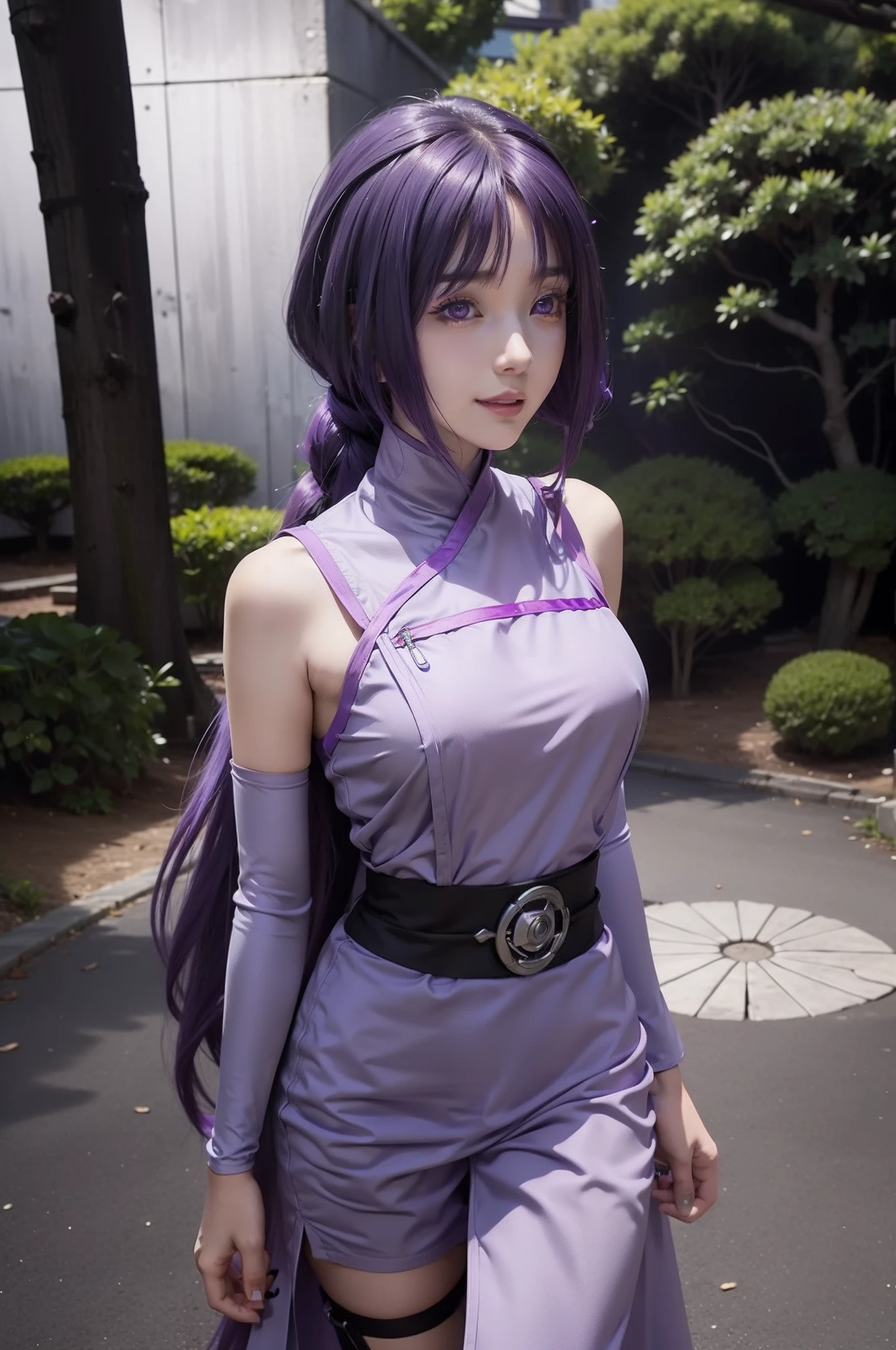 1girl, sumire in anime boruto, long hair, purple hair, purple eyes, smile, beautiful, sexy dress, sexy clothes, purple clothes, very big breast, realistic clothes, detail clothes, outdoor background, ultra detail, realistic