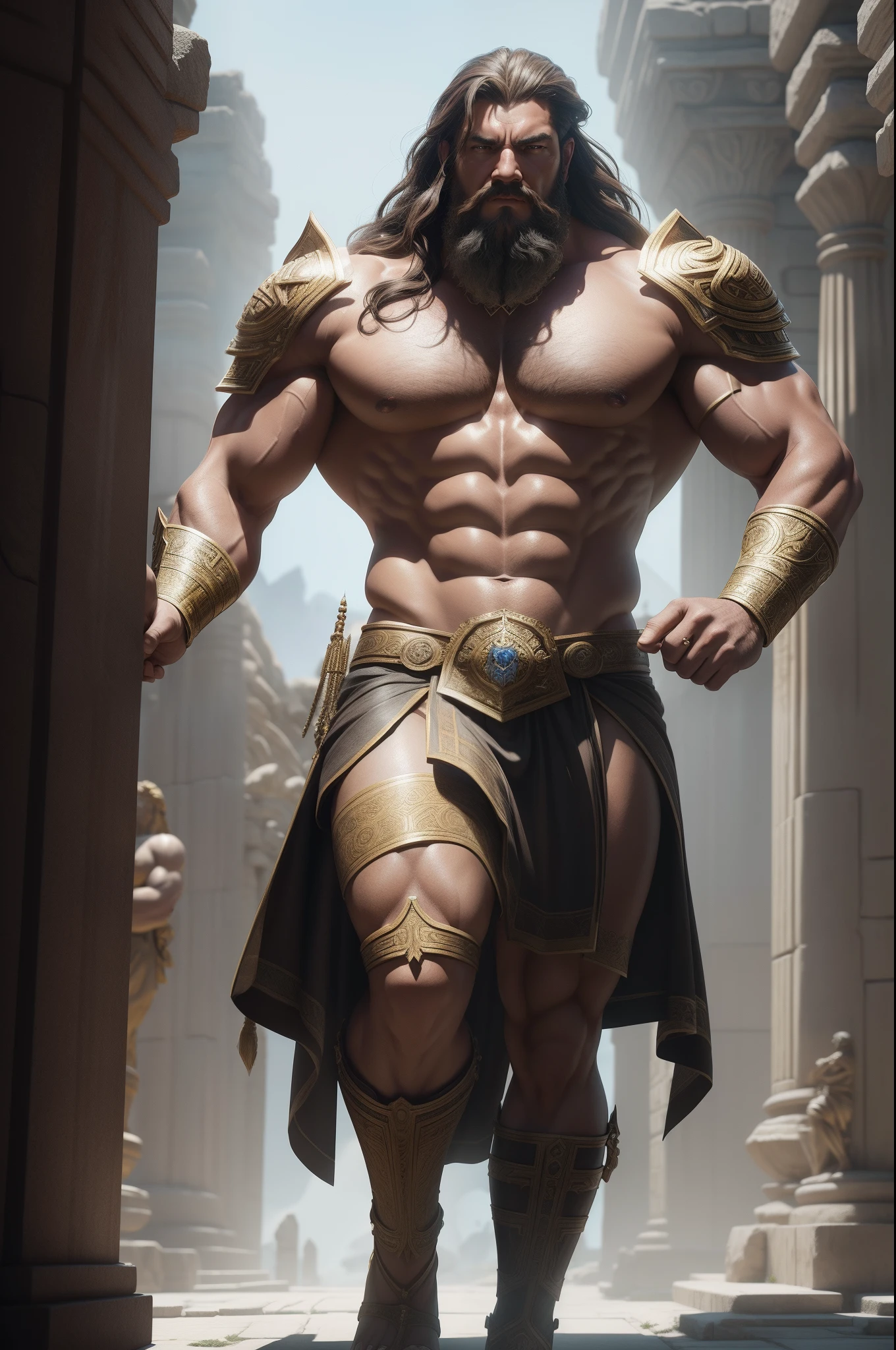 "A powerful and charismatic figure, Samson from the biblical tales, showcasing immense strength as he pushes over the pillars in the temple."Biblical Samson in a golden outfit, furious Samson, epic scene of Samson pushing over pilars in Temple, muscular character, (professional 3D render:1.3) af (Realistic:1.3) most beautiful artwork photo in the world,Full body 8K unified rendering, action shot, skin pore,Maximum Clarity And Sharpness, lighting, heavyshading, Detailed, Detailed face, (vibrant, photograph realistic, Realistic, Dramatic, Sharp focus, 8K), (Intricate:1.4), decadent, (Highly detailed:1.4), Digital painting, rendering by octane, art stations, concept-art, smooth, Sharp focus, illustration, Art germ, (loish:0.23), wlop ilya kuvshinov, and greg rutkowski and alphonse mucha gracias, (Global illumination, Studio light, volumettic light), lotr, full bodyesbian, ((Ancient city background:1.3)),CGSesociety,art stations, Biblical Samson, muscular characters, unreal engine render saint seiya, large muscles, hyperdetailed fantasy character, strong and imposing, fantasy style 8k octane render