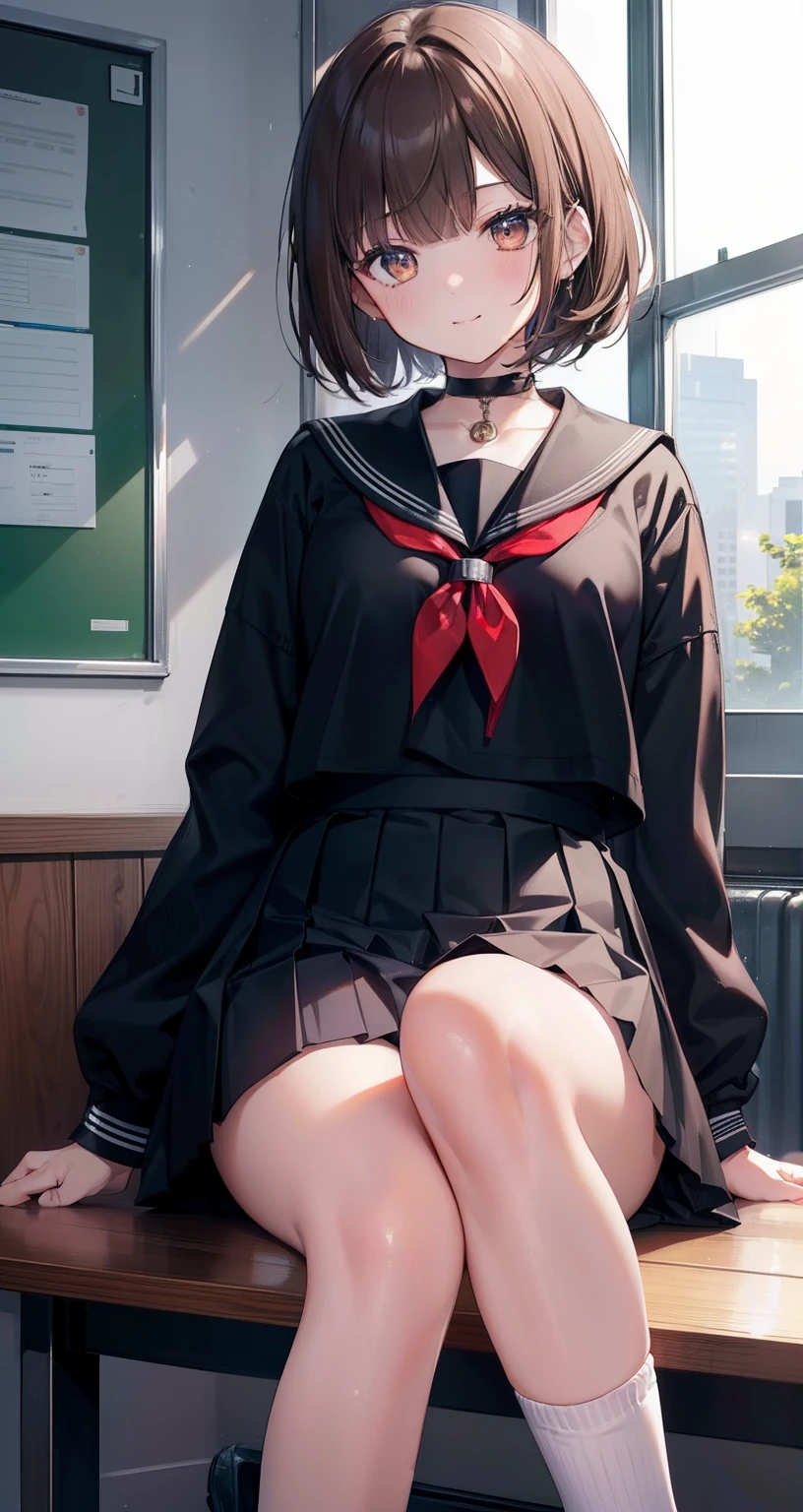 (masterpiece: 1.3),(best quality:1.4),ultra high resolution,(detailed eyes),(detailed facial features),(detailed clothing features),HDR,8k resolution, ground focus, bangs, tight skin, (glowing skin ),(slender girl),dreamlike, (extremely detailed illustration),check comments,ask for comments,scenery,no text, VirtualGirl-Rin, happy, smile, (small breasts), bangs, bob hair, short hair, brown hair, brown eyes, black choker, 1girl, student, high school, white school uniform, sailor suit, dark red pleated skirt, socks, sneakers,