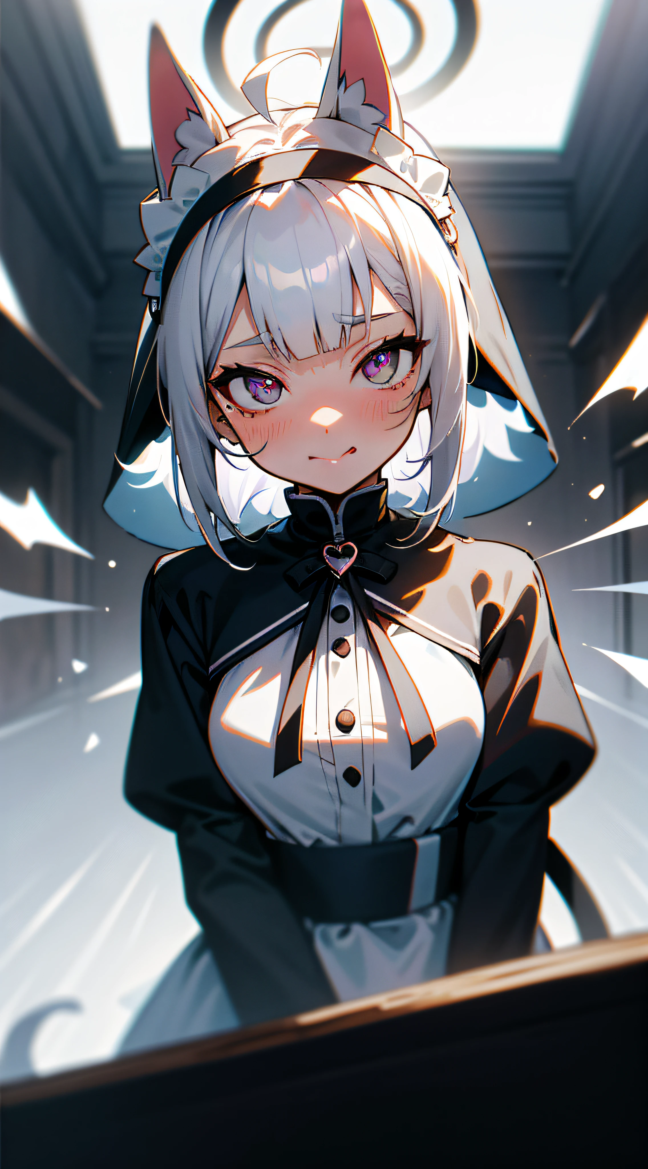 Black hair, hair bobbles, wince, long eyelasher, solid circle eyes, Fake animal ears, Light smile, Ear blush, Fang, White hair, Silver hair, Striped hair, Colored inner hair, Gradient hair, ahoge, Braid, Blunt bangs, french braid, Long hair, hair over shoulders, hime-cut, heart ahoge, Hood, shairband, maid headdress, ribbon, white hair ribbon, Moles under eyes, Heart-shaped pupils, Colored Contact Lenses, Fox ears, Cat ears, Animal ears, Fake animal ears, Shy, Blush, Tongue stock, verbal invitation, surrealism, shadowing, anaglyph, stereograms, tachi-e, angle of view, Atmospheric perspective, Verism, Interior architecture, Chiaroscuro, Cinematic lighting, color difference, shadowing, chromatic aberration abuse, back lit lighting, stereograms, tachi-e, Bokeh, 8K, Super detail, ccurate, Best quality, Textured skin, Anatomically correct, hyper HD, Masterpiece, ccurate, High details, A high resolution, 1080p,lewd nun,Beth,Exposed flesh