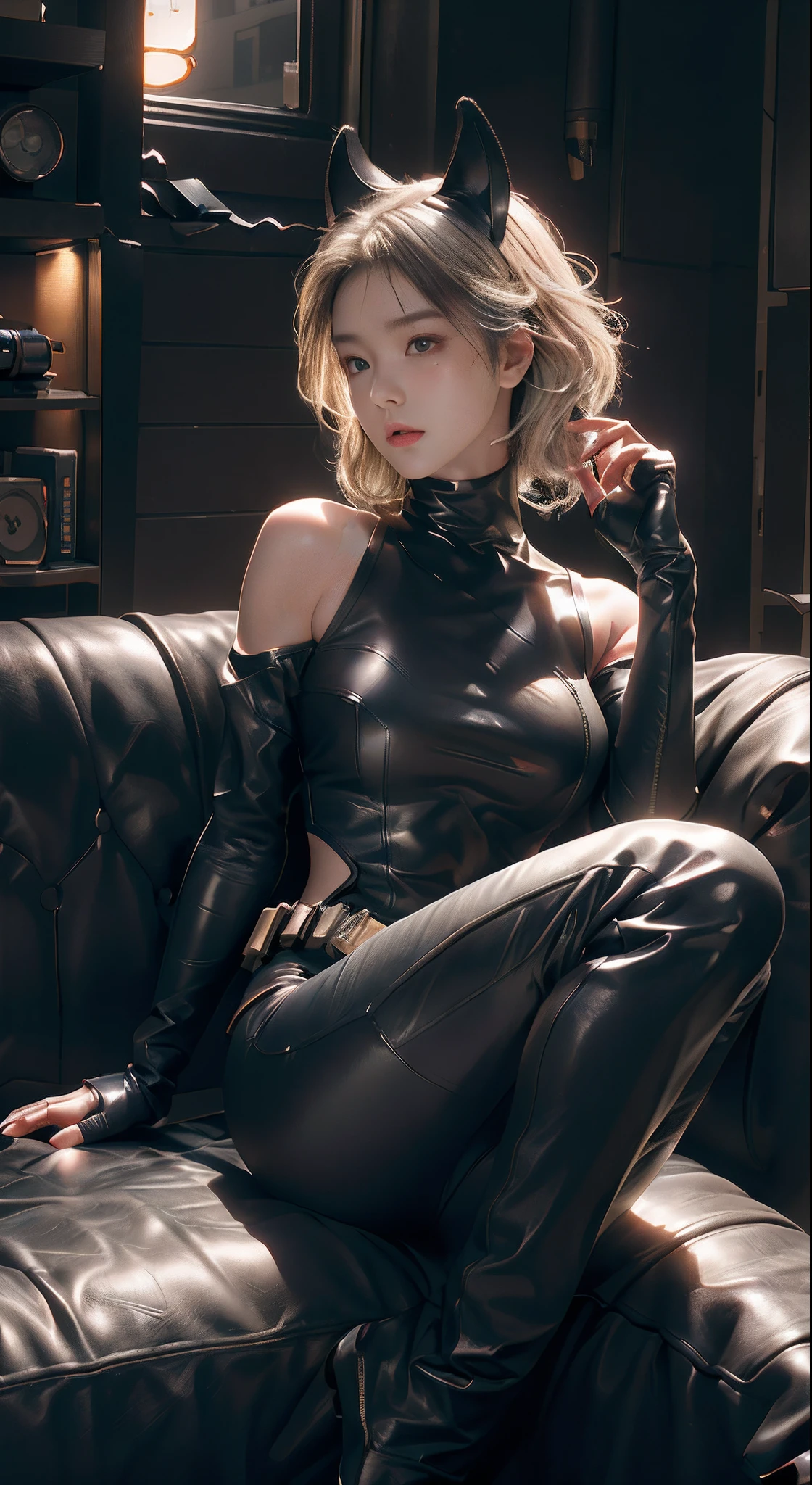 RAW, Masterpiece, Ultra Fine Photo,, Best Quality, Ultra High Resolution, Photorealistic, Sunlight, Full Body Portrait, Stunningly Beautiful,, Dynamic Poses, Delicate Face, Vibrant Eyes, (Side View) , she wears futuristic Batman costume, skinny leather pants, turtleneck top, off shoulders, Batman ears, sitting on a leather sofa, very detailed background, detailed face, detailed busy background, messy, gorgeous, Milky white, high detailed skin, realistic skin detail, visible pores, sharp focus, volumetric fog, 8k uhd, dslr, high quality, film grain, fair skin, photorealism, lomography, in a future dystopia sprawling metropolis, seen from below, translucent