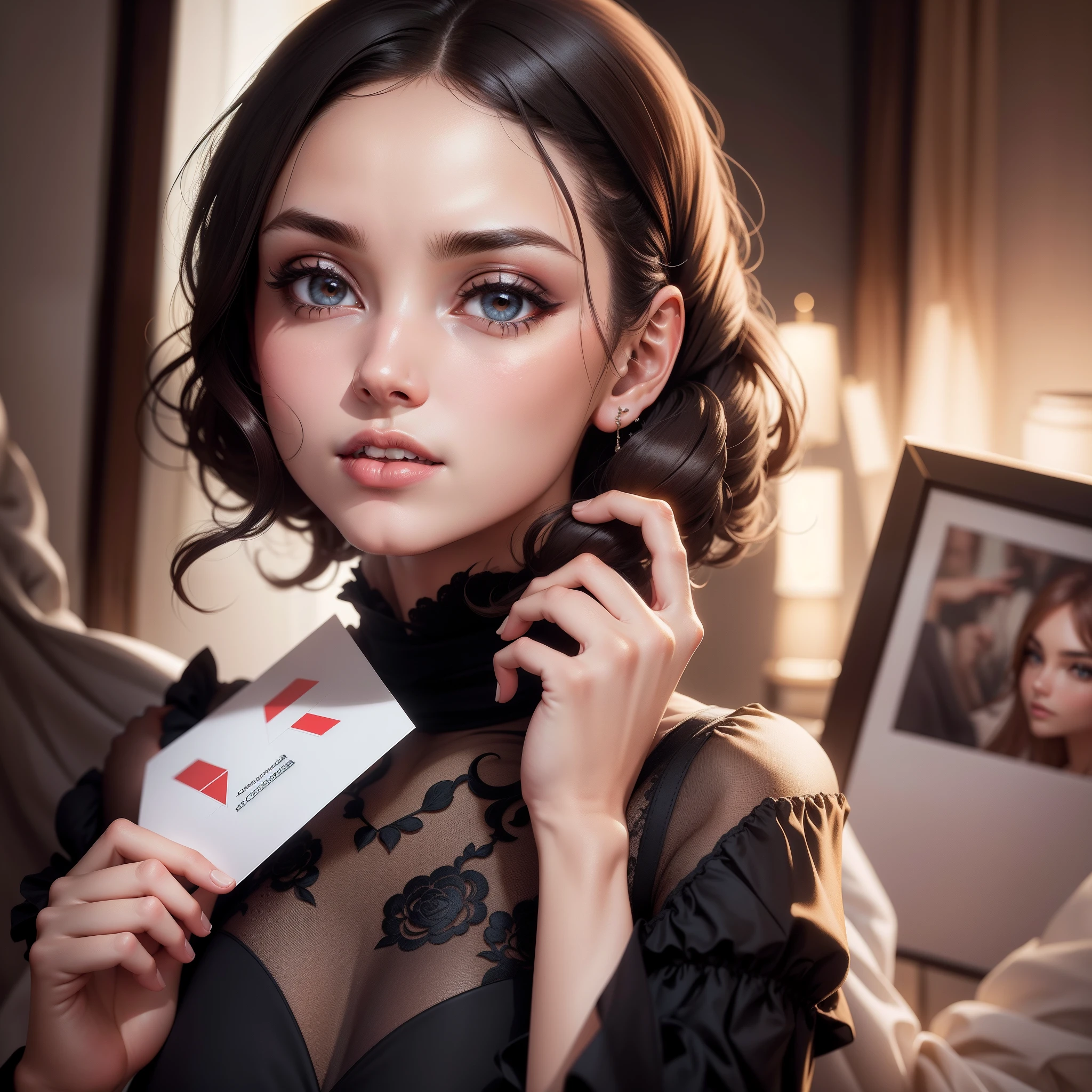 Describe an advertising-style image that depicts an elegantly dressed woman holding an A4-sized frame in her hands. Utilize uma paleta de cores sofisticada e harmoniosa, with neutral and subtle tones that convey elegance and class.

Destaque a figura da mulher, capturando sua postura ereta e confiante. Vista-a com roupas elegantes e bem cuidadas, conveying a refined and contemporary style. Make sure the clothes are flawless and perfectly fit to the body.

Na imagem, the woman should hold an A4 size frame with her hands, mantendo-o cuidadosamente posicionado. The board may be blank or contain some specific content related to the ad campaign, como uma imagem, um texto ou um logotipo da marca.

Adicione elementos visuais que complementem a imagem, como um fundo neutro e desfocado, focusing attention on the woman and the picture she holds. Use soft, harmonious lighting to enhance the woman's beauty and highlight the details of the frame.

Make sure the image conveys the message of the ad campaign in a clear and impactful way. The image should reflect the lifestyle associated with the brand and arouse the interest of the target audience, conveying a sense of quality, sophistication and attention to detail.

When working with a photographer or designer, provide these guidelines and references to create a professional, stylized image of a well-dressed woman holding an A4-sized frame. Dessa forma, It will be possible to create an attractive and engaging advertising image that represents the brand in an elegant and sophisticated way.