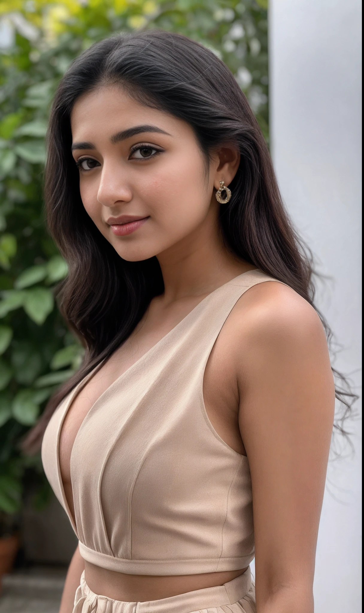 ((RAW, analog style)), face, extremely detailed full body color photo of a 25 y.o girl, beautiful face, beautiful eyes, ((small nose)), big natural lips, ((fabric crop top)), medium breasts, slim body, outdoor, trees, ((film grain, skin details, high detailed skin texture, 8k hdr, dslr)), indian female model yami gautami, close-up picture of yami gautmi, floral dress. Sexy figure, hot looks, long curly hair
