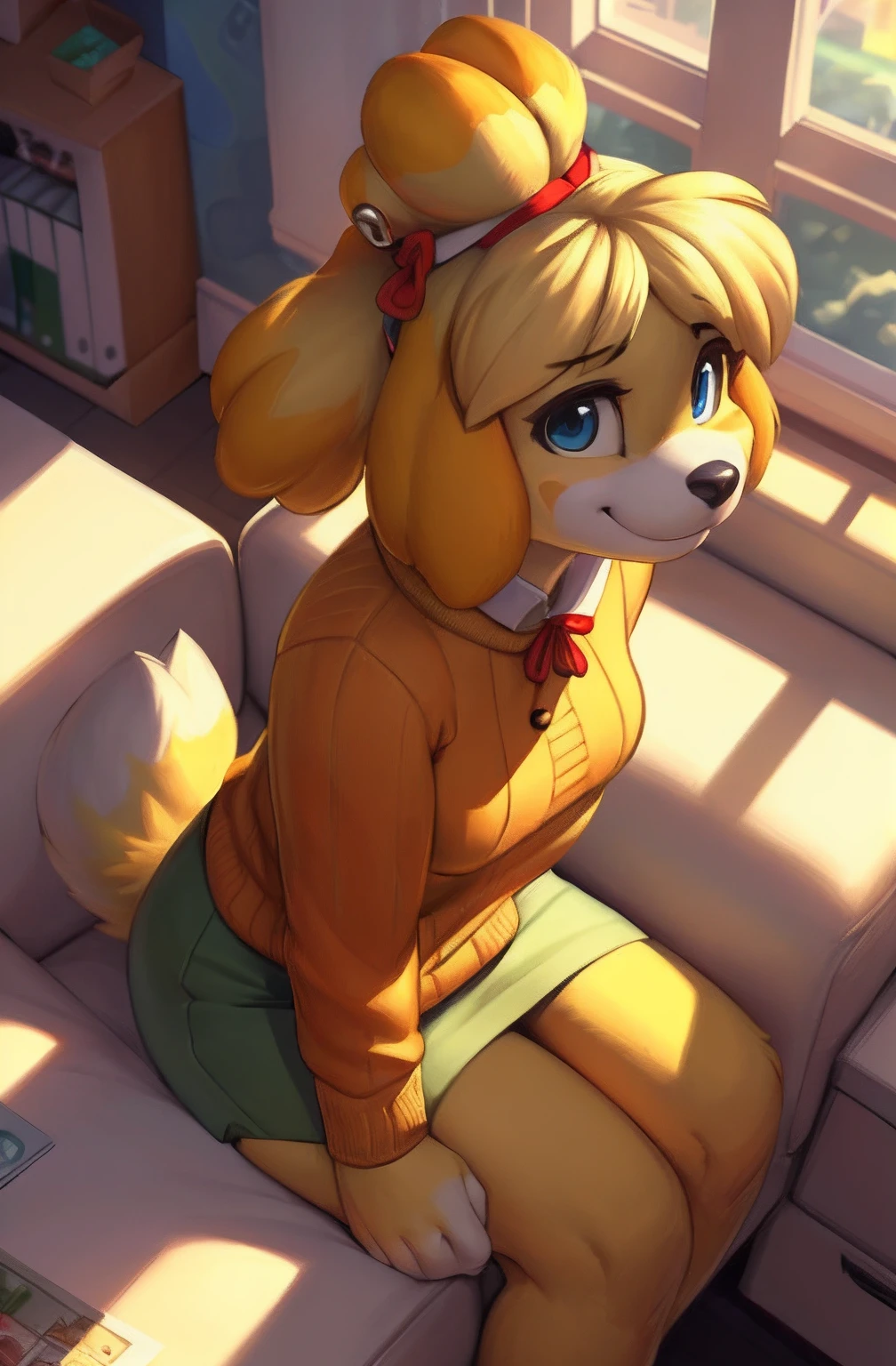 [isaCrossing], [Isabelle; Animal Crossing], [Uploaded to e621.net; (Pixelsketcher), (wamudraws)], ((masterpiece)), ((solo portrait)), ((bird's-eye view)), ((side view)), ((feet visible)), ((furry; anthro)), ((detailed fur)), ((detailed shading)), ((beautiful 2D art)), {anthro; (yellow fur, black nose), cute blue eyes, cute smile, (red bell hair-tie), blonde hair, topknot}, {(office woman), (red ribbon), (orange sweater), small boobs, short bodycon green skirt}, {(on couch)}, [background; (office), (window), (sun rays)]