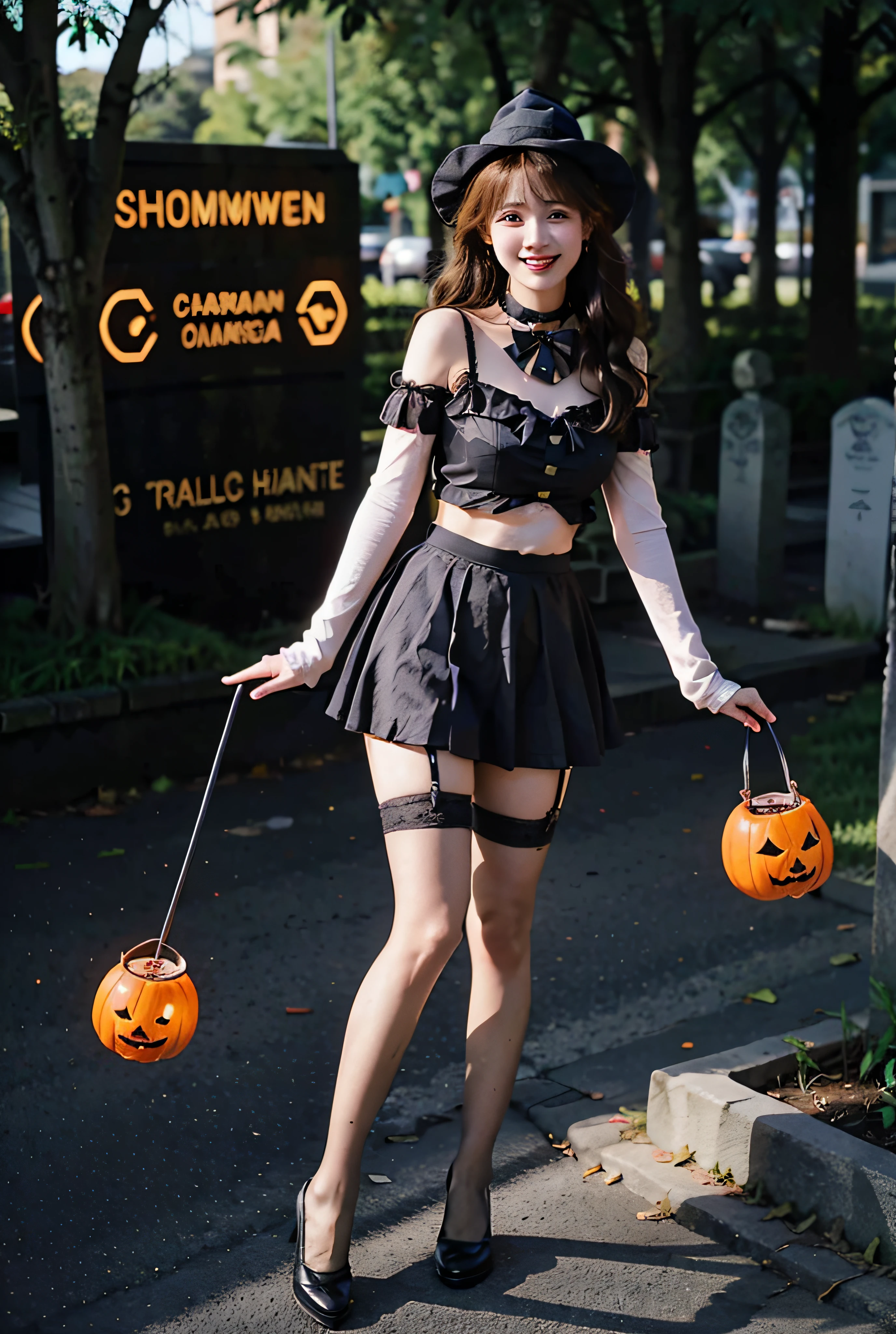 (masutepiece, of the highest quality, Best Quality), (Splash Art), European, Bat, candy, Halloween, Halloween_bucket, Halloween_The costume, Happy_Halloween, Jack-o'-lantern, pumpkins, pumpkins_hair_ornament detached, pumpkins_hat, The tattoo, trick_Or_treat, Witch_hat, Body_Writing, pube_The tattoo, tombstone, garters_lanyard,pasties, thighs thighs thighs thighs, Silk, ghost_The costume, lollipop, spider_WebUI, 1girl in, Vampire_The costume, Bat_hair_ornament detached, basketball, Food-themed_hair_ornament detached, graveyard, long_hair, orange_bow ribbon, heart mark_The tattoo, Holding_veggies, broom, swirls_lollipop, candy_cana, orange_Choker, Bat_Wings, basket, breasts, Solo, candle, food, orange_Bow, Open_Mouth, Bat_print, castle, orange_Panties, Black_legwear very,veggies, Bow, Shoulder_The tattoo, orange_Toenails, gloves, Twin-tailed, spider_WebUI_print, Blonde_hair, very_long_hair, lantern, Grave, Charmander, orange_legwear very, Navel, Bare_tree, Smile, orange_bowtie, Elbow_gloves, cookies, full_Moon, Cape, Mini_Witch_hat, Bridal_gauntlets, Sexy, garterbelts