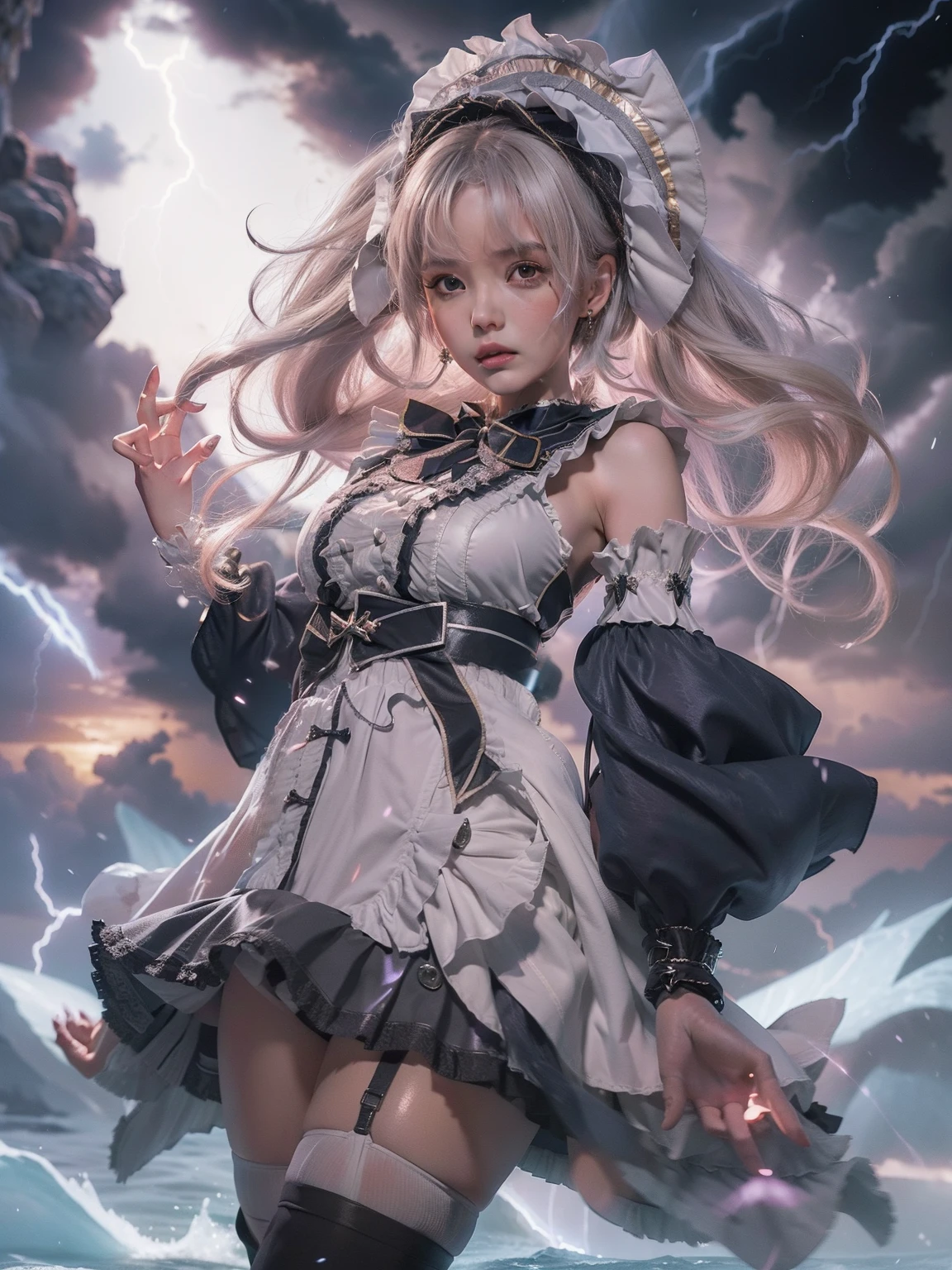 (((masutepiece))), (((8K))),(((Focus on the thighs))),full bodyesbian (((A high resolution))), (((surrealism))), (((Cinematic lighting))), god light, (HD layers,1 People layer,2. Background image layer),f/4.0, kanon,(((The face is super clear))),hugefilesize,Shiny skin,Detailed skin,Detailed face, Detailed eyes, Goddess of the Storm,(ta costume miniskirt:1.5), At the top of a huge canyon, The wind was blowing violently, Hair similar to the color of wind and lightning, nakeness, Bare chest, No top, Show off , Storm vortex pendant, Lightning earrings, Dark clouds loom like a storm, A thunderous scene,Sky thunder and lightning scattered together,