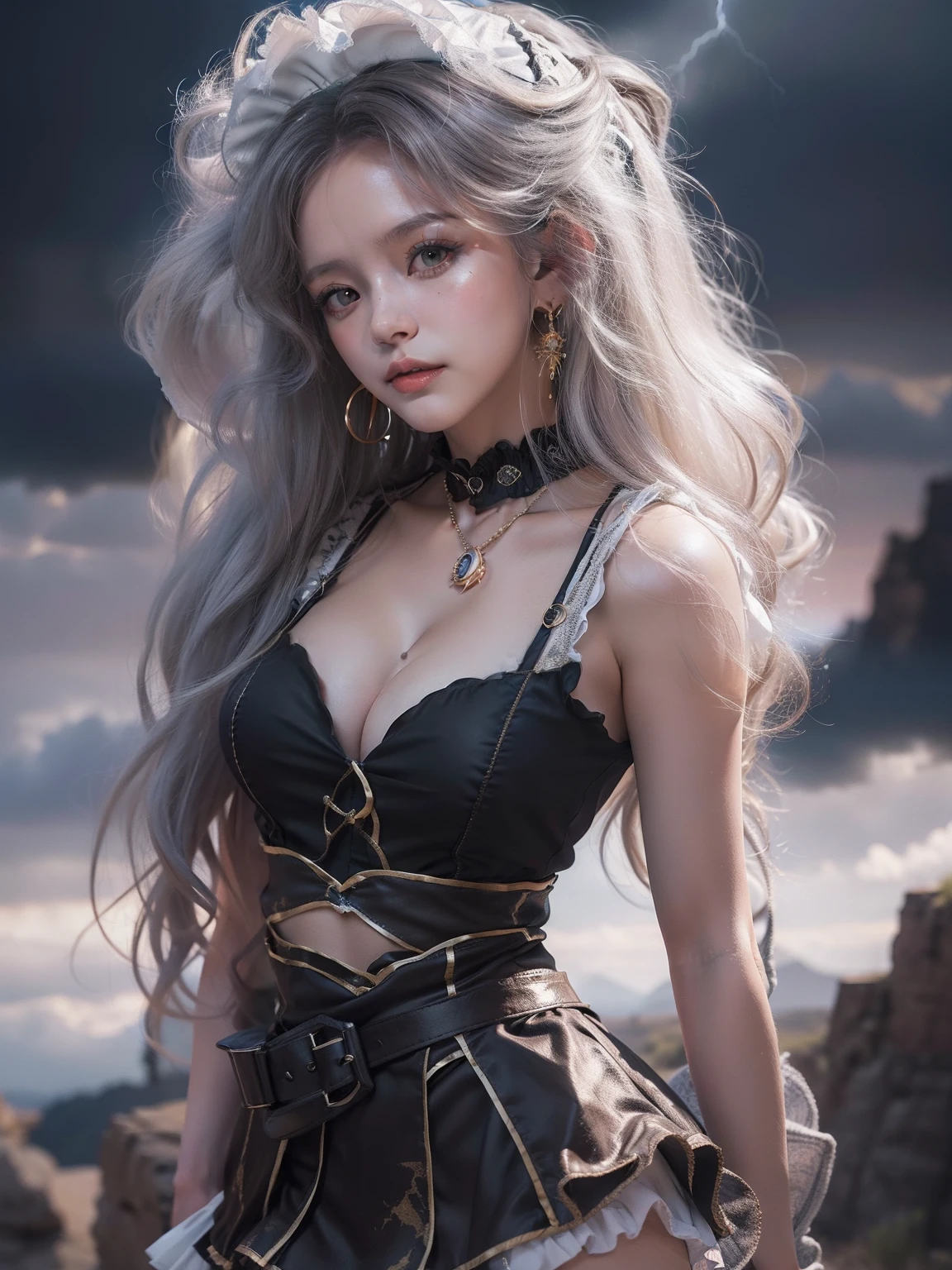 (((masutepiece))), (((8K))),(((Focus on the thighs)))， (((A high resolution))), (((surrealism))), (((Cinematic lighting))), god light, (HD layers,1 People layer，2. Background image layer)，  f/4.0, kanon，(((The face is super clear)))，hugefilesize，Shiny skin,Detailed skin,Detailed face, Detailed eyes, Goddess of the Storm,(Lolita Costume Outfit miniskirt:1.5)， At the top of a huge canyon, The wind was blowing violently, Hair similar to the color of wind and lightning, nakeness, Bare chest, No top, Show off , Storm vortex pendant, Lightning earrings, Dark clouds loom like a storm, A thunderous scene，Thunder and lightning scattered together，