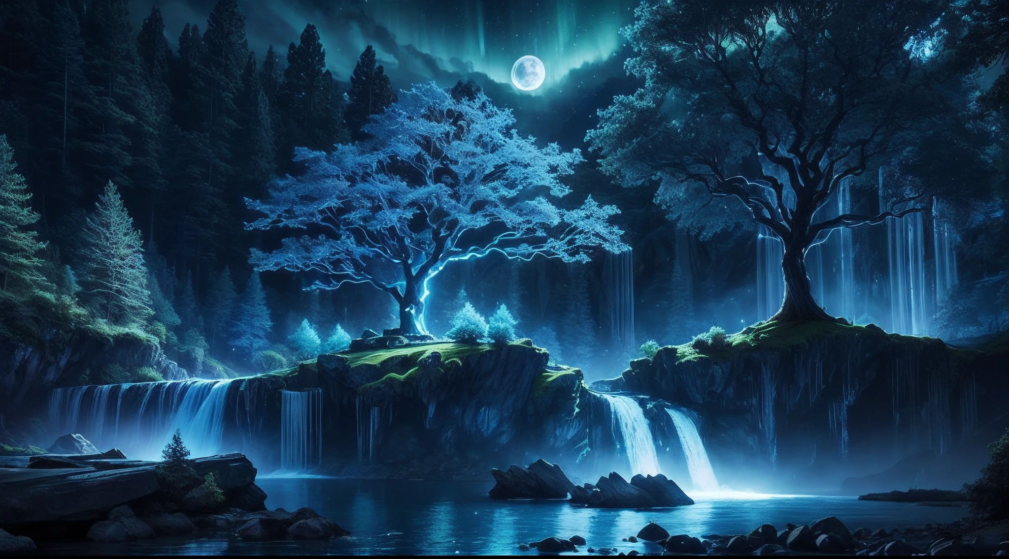 ultra detailed, beautiful and aesthetic, beautiful, masterpiece , mystery , atmospheric , fantastic , supernatural , best quality, dark cloudy night , 1 tree , very huge and very tall ancient fantasy tree , 1 huge blue glowing tree , tree splitting cloudy sky and moonlight beam coming down , flower field , few stone and cliff , shining tree , fantasy glowing bird around it , tree gathering blue glowing magic , blue shining river passes , river emitting blue magic , river make waterfall ,  fantasy aurora , (ultra detailed scene) , (ultra detailed tree) , (ultra detailed moonlight beam) , (ultra detailed glowing river) , (ultra detailed waterfall) , (ultra detailed aurora)