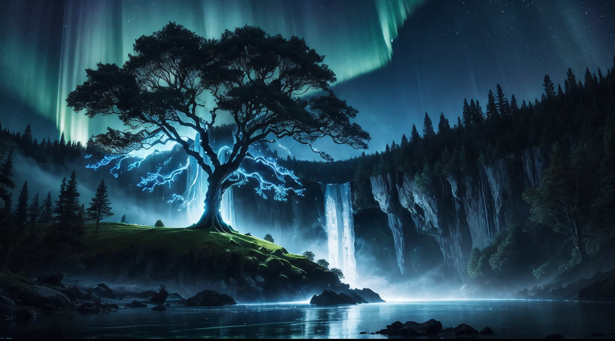 ultra detailed, beautiful and aesthetic, beautiful, masterpiece , mystery , atmospheric , fantastic , supernatural , best quality, dark cloudy night , 1 tree , very huge and very tall ancient fantasy tree , 1 huge blue glowing tree , tree splitting cloudy sky and moonlight beam coming down , flower field , few stone and cliff , shining tree , fantasy glowing bird around it , tree gathering blue glowing magic , blue shining river passes , river emitting blue magic , river make waterfall , fantasy aurora , (ultra detailed scene) , (ultra detailed tree) , (ultra detailed moonlight beam) , (ultra detailed glowing river) , (ultra detailed waterfall) , (ultra detailed aurora)