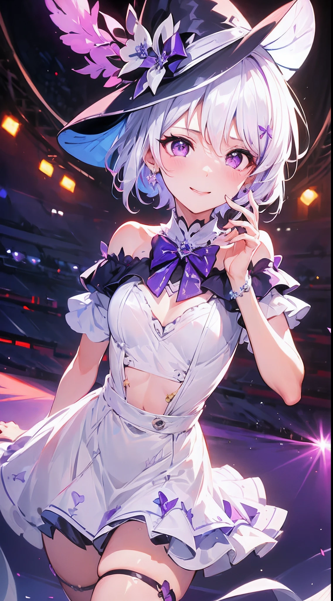 (Best quality),(4k), [highly grand detailed CG painting]!!,(cheer sticks),(((the Greatest masterpiece,))) (ultra detailed),(((idol))),(intricately details),(Natural,cute face),((((beautiful stage)))),(dynamic angles,view from the top),(consistent stream),(dynamic lighting),(blooming,synthetic wave), (reality: 0.7), solo,1 girl,Long eyelashes,watery eyes,reflected eyes,eyes shadow,light purple eyes,((one purple bow tie)),((flat witch hat)), (blue off-the-shoulder shirt: 0.4,lace),beautiful hair,gradiation hair, [blue dress]!!, blue haired deity,straight hair,((elegant and conservative cloth)),seductive smile