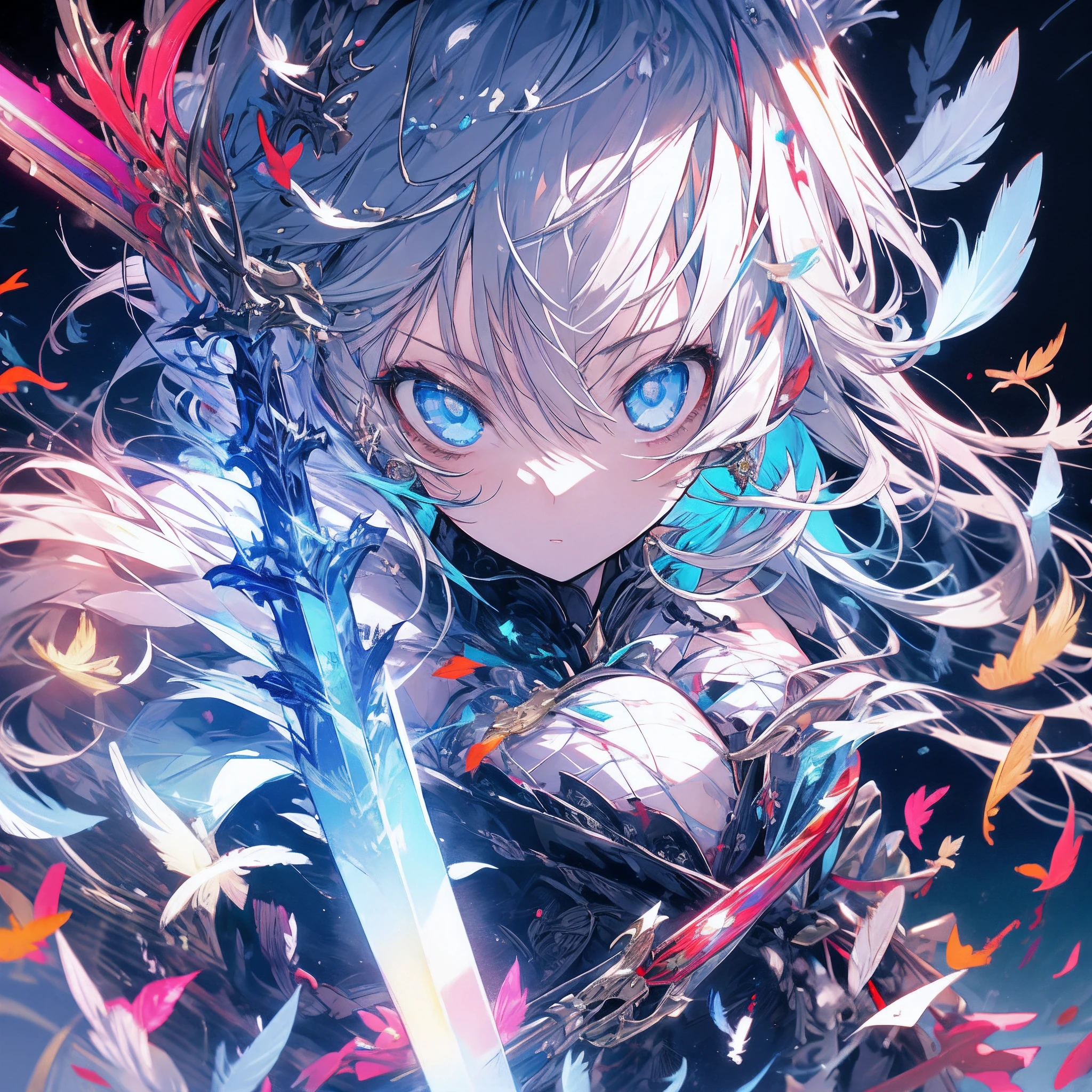 (masterpiece, best quality, extremely detailed CG, beautiful detailed eyes, ultra-detailed, intricate details:1.2), 8k wallpaper, elaborate features,
(1girl, solo:1.4), long hair, streaked hair, elf, looking at viewer, blue eyes, earring, panties, ankle bracelets, large breasts, arcane, necklace,wand, serious,
blue flame, feathers, bird,magic surrounds,magic rod, magic ball, book,pages flying all over the sky,magic circle,incantation, night, dark
