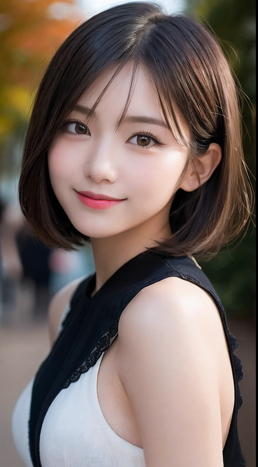 masutepiece, Best Quality, Illustration, Ultra-detailed, finely detail, hight resolution, 8K Wallpaper, Perfect dynamic composition, Beautiful detailed eyes, Women's Fashion Autumn,Short bob hair,Small breasts natural color lip, Bold sexy poses,Smile,Harajuku、20 years girl、Cute、Subject looking at sexy pose on camera